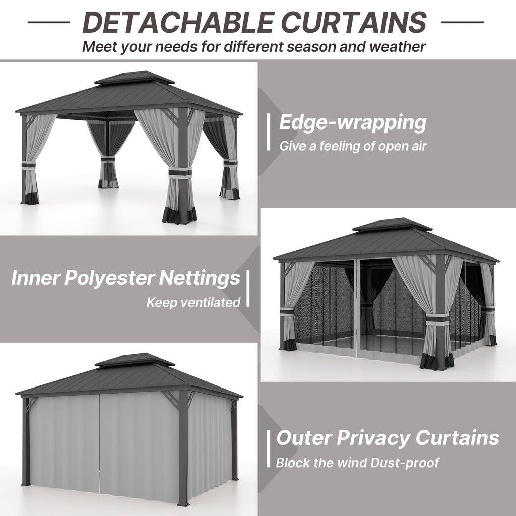 Gotland 12' x 20' Hardtop Gazebo, Outdoor Galvanized Steel Double-Roof Gazebo with Curtains and Netting for Patios, Gardens, and Lawns
