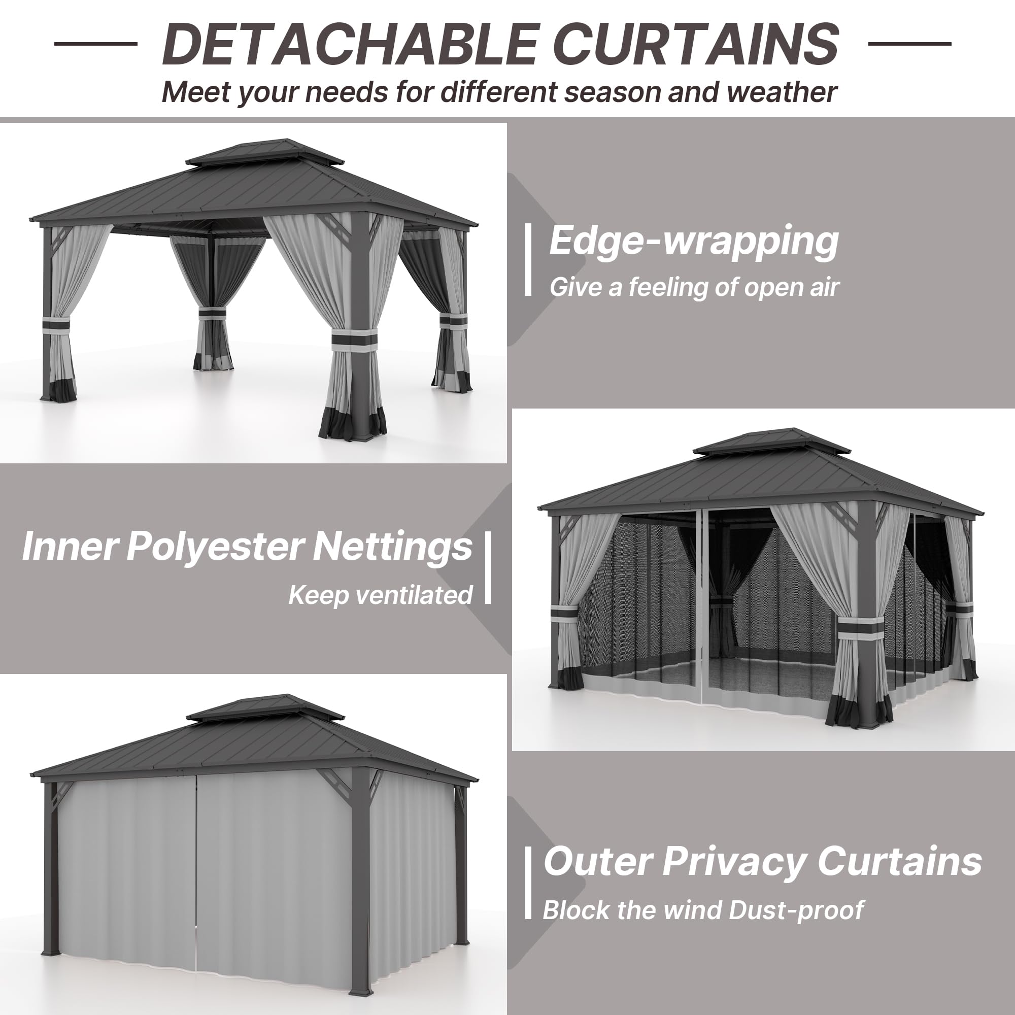 Gotland 12' x 20' Hardtop Gazebo, Outdoor Galvanized Steel Double-Roof Gazebo with Curtains and Netting for Patios, Gardens, and Lawns