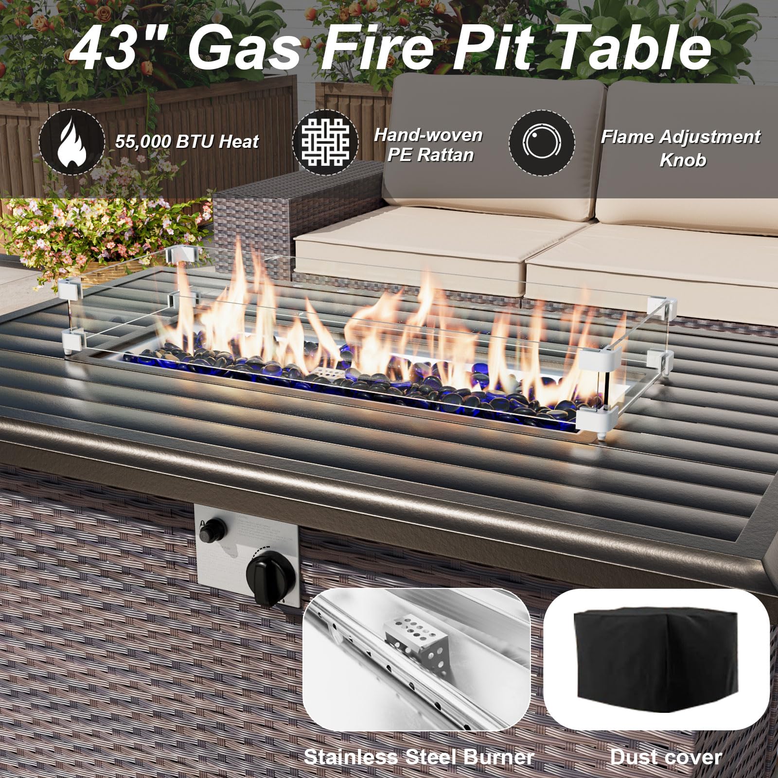 10PCS Outdoor Patio Furniture Set,PE Wicker Rattan Sectional Sofa Patio Conversation Sets with 43" 55000BTU Gas Propane Fire Pit Table,Swivel Rocking Chairs Set