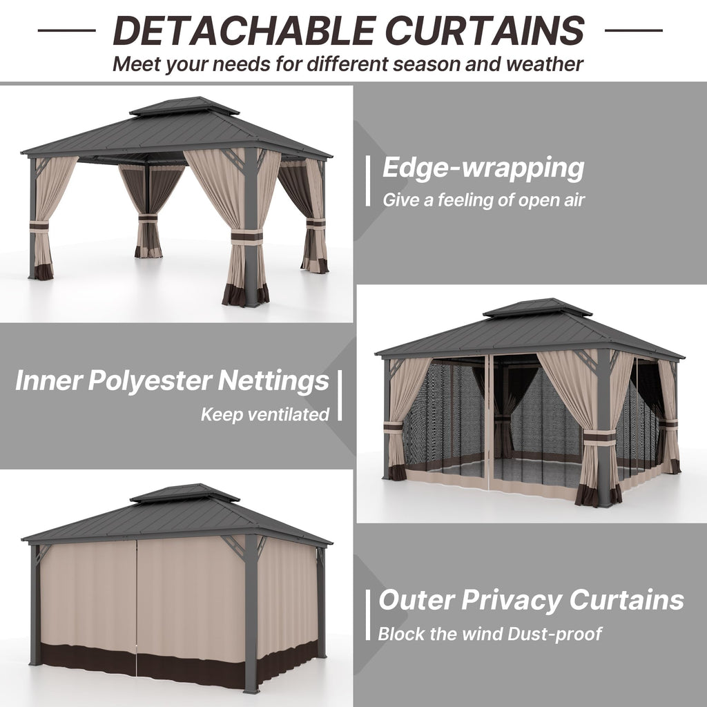 Gotland 12' x 20' Hardtop Gazebo, Outdoor Galvanized Steel Double-Roof Gazebo with Curtains and Netting for Patios, Gardens, and Lawns