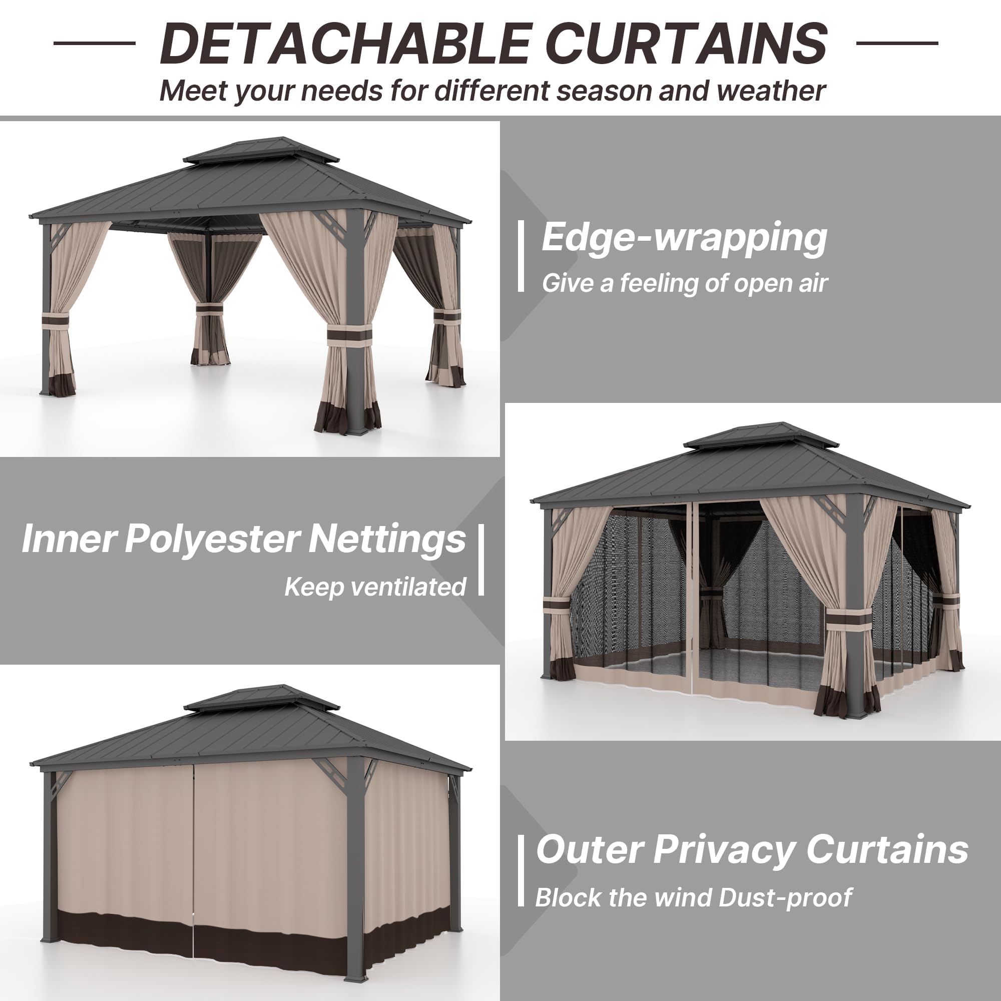 Gotland 12' x 20' Hardtop Gazebo, Outdoor Galvanized Steel Double-Roof Gazebo with Curtains and Netting for Patios, Gardens, and Lawns