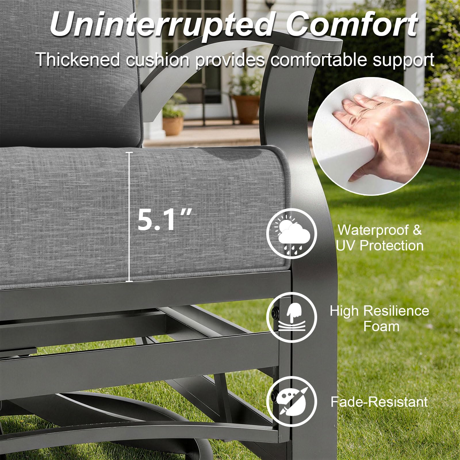 Gotland 8 Seats Outdoor Metal Patio Furniture Set with 2 Swivel Rocking Chairs&55,000 BTU Gas Fire Pit Table w/Glass Wind Guard Patio Conversation Sectional Sofa Sets