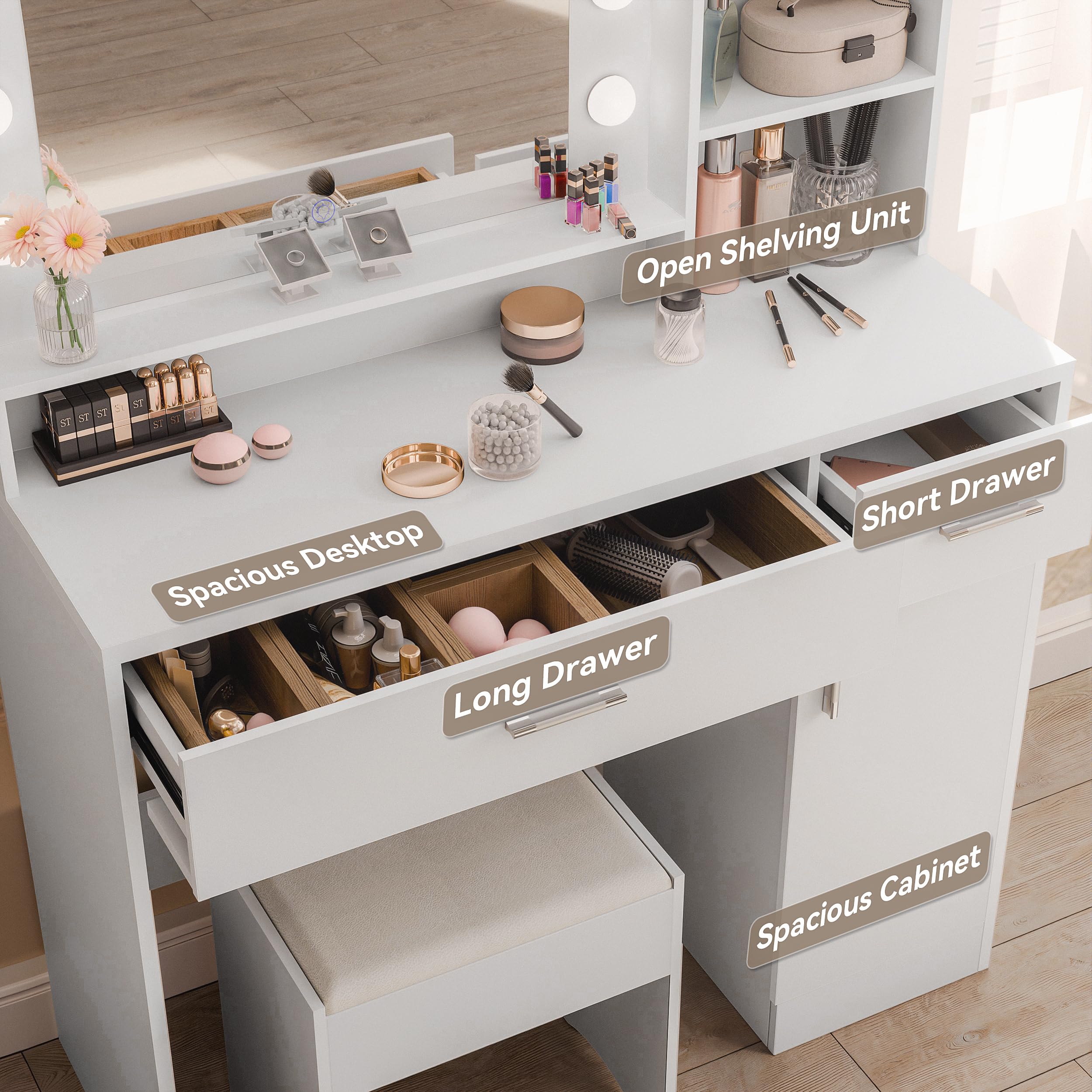 ALAULM 39.4" Vanity Mirror with Lights,Modern Lighted Vanity Table with 3 Drawers & 3 Storage Shelves,with White Vanity Chair,Three Adjustable Lighting Modes,Bedroom Vanity Desk,White