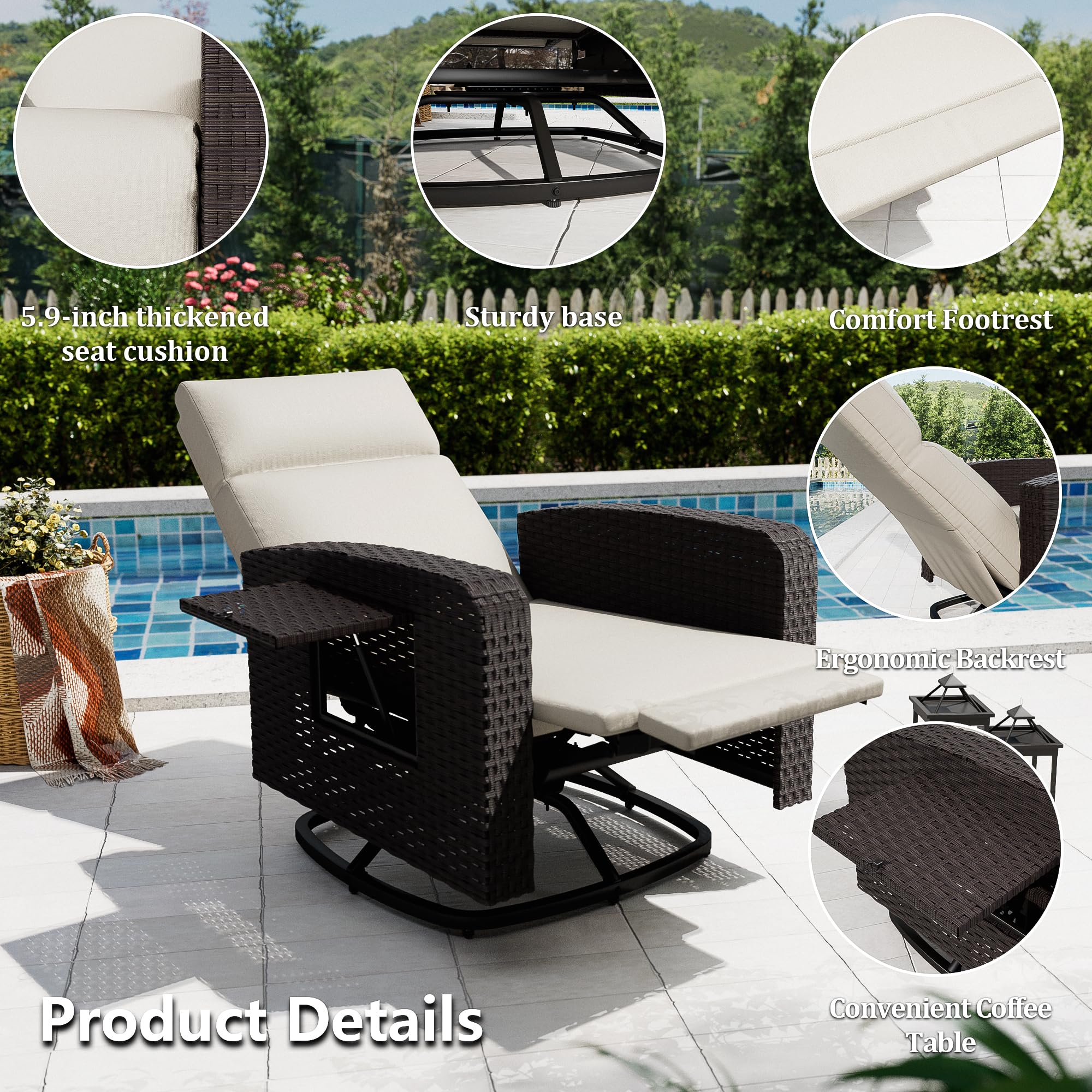 ALAULM Outdoor Swivel Recliner Chair,Dual-Adjust Outdoor Patio Chairs with Adjustable Backrest and Footrest,Wicker Patio Chair with Flip-Up Table for Living Rooms,Pools,Balconies, patios,courtyards