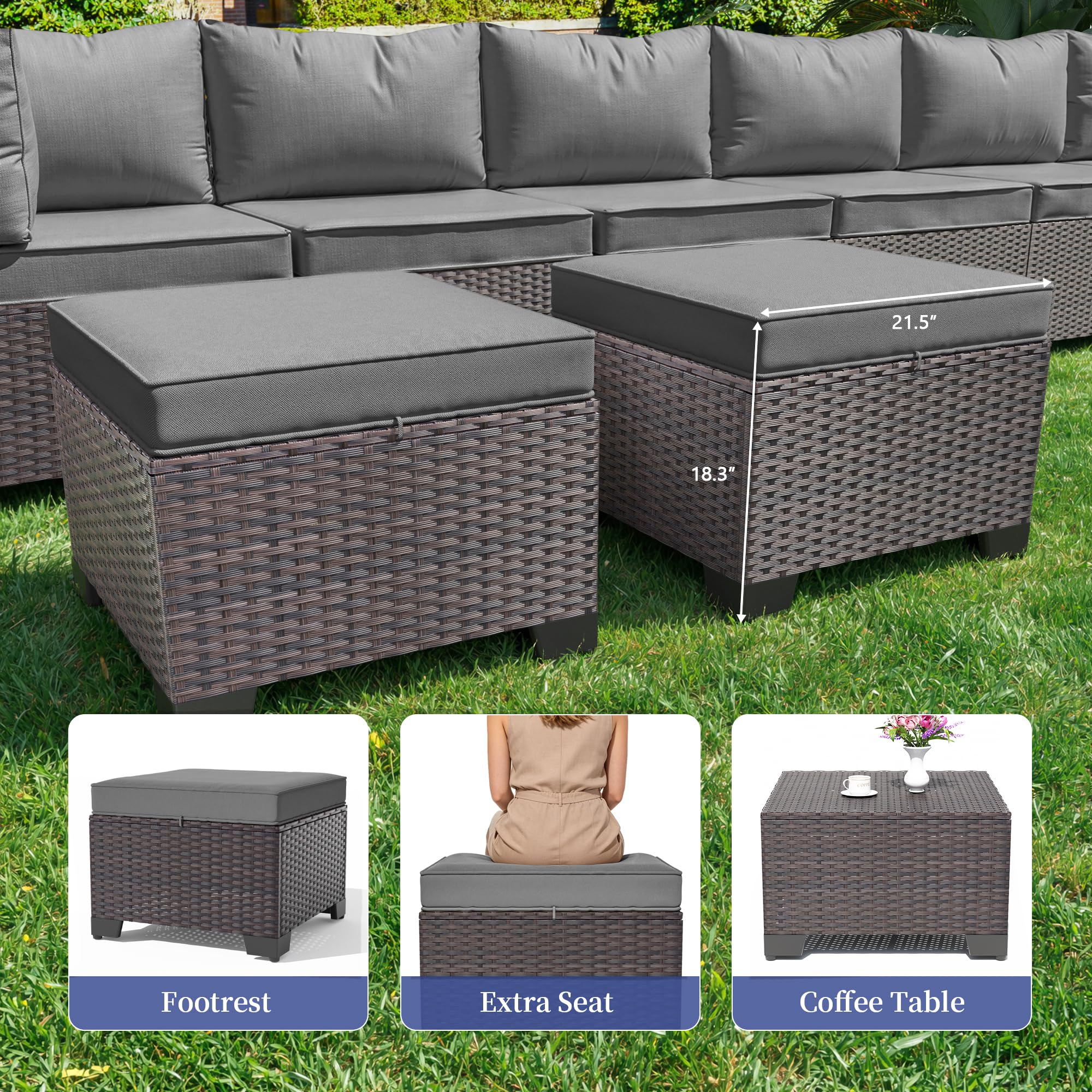 Gotland 8PCS Outdoor Patio Furniture Set, Outdoor Sectional Furniture All Weather PE Rattan Wicker Patio Conversation Set with 2 Ottomans and Coffee Table