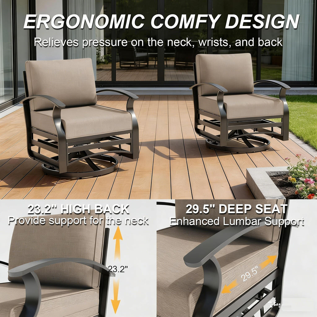 Gotland 8 Seats Outdoor Metal Patio Furniture Set with 2 Swivel Rocking Chairs&55,000 BTU Gas Fire Pit Table w/Glass Wind Guard Patio Conversation Sectional Sofa Sets