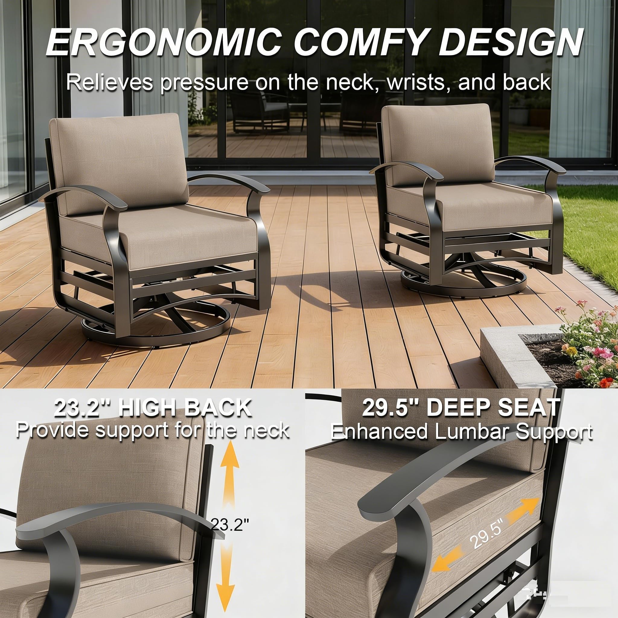 Gotland 8 Seats Outdoor Metal Patio Furniture Set with 2 Swivel Rocking Chairs&55,000 BTU Gas Fire Pit Table w/Glass Wind Guard Patio Conversation Sectional Sofa Sets