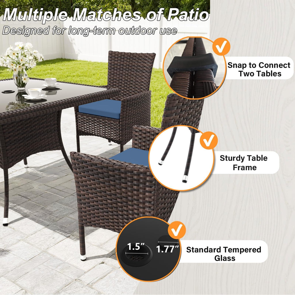 Gotland Outdoor Dining Table Set, Garden Patio Rattan Set with w/Tempered Glass Tabletop with Removable Cushions and Umbrella Cutout for Patio, Backyard