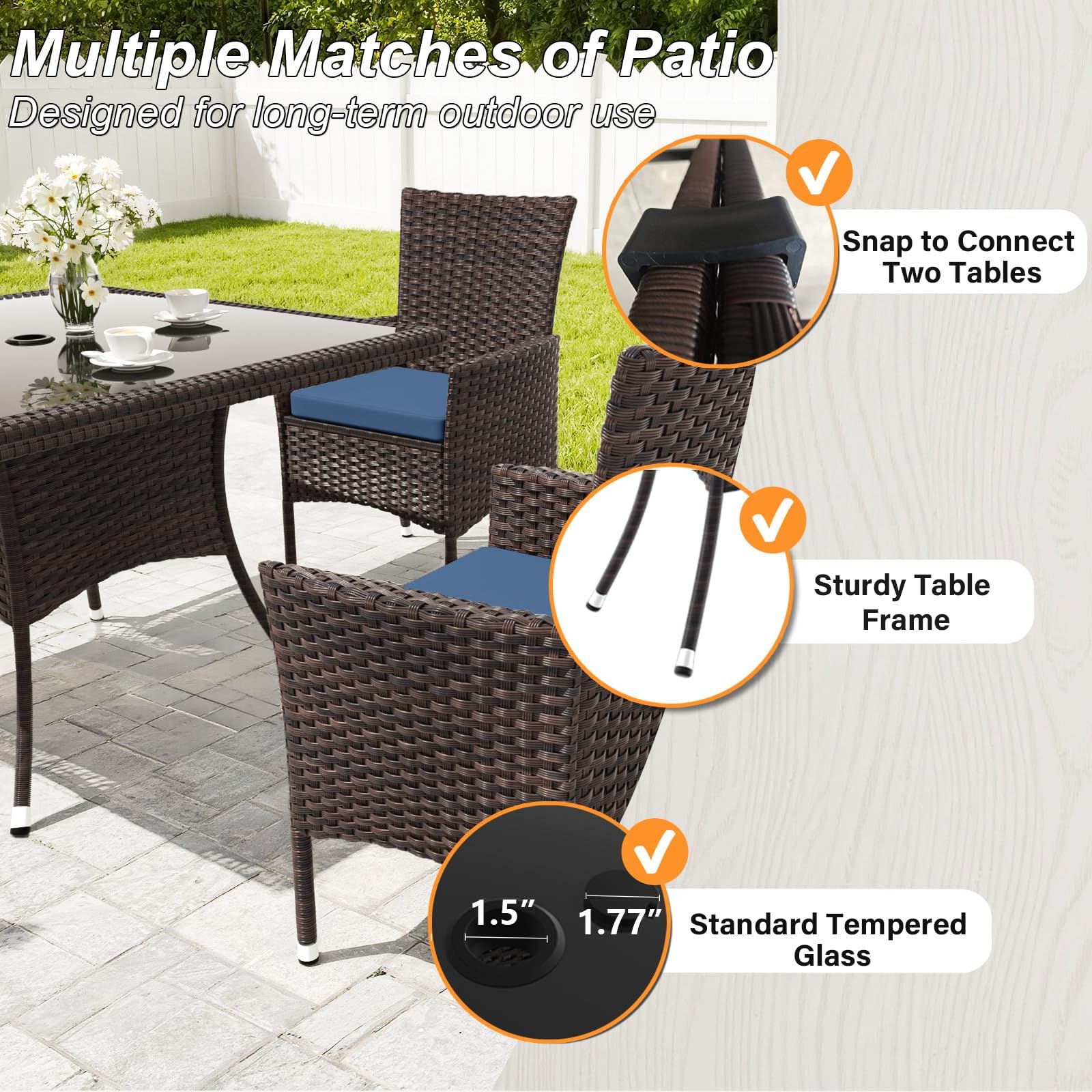 Gotland Outdoor Dining Table Set, Garden Patio Rattan Set with w/Tempered Glass Tabletop with Removable Cushions and Umbrella Cutout for Patio, Backyard