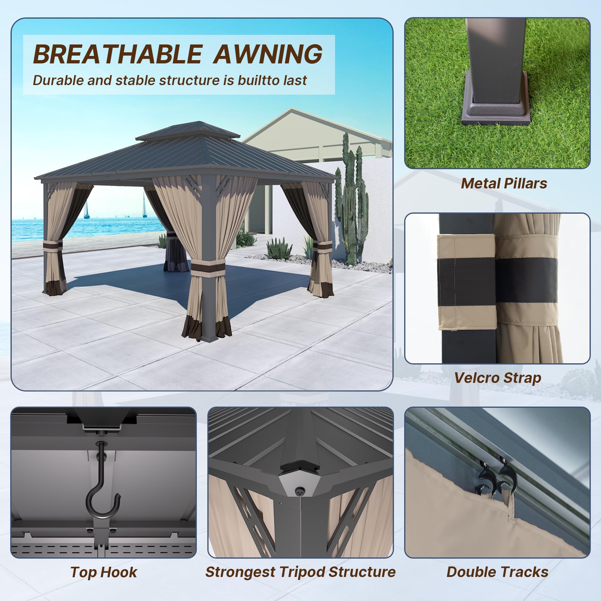 Gotland 12' x 20' Hardtop Gazebo, Outdoor Galvanized Steel Double-Roof Gazebo with Curtains and Netting for Patios, Gardens, and Lawns