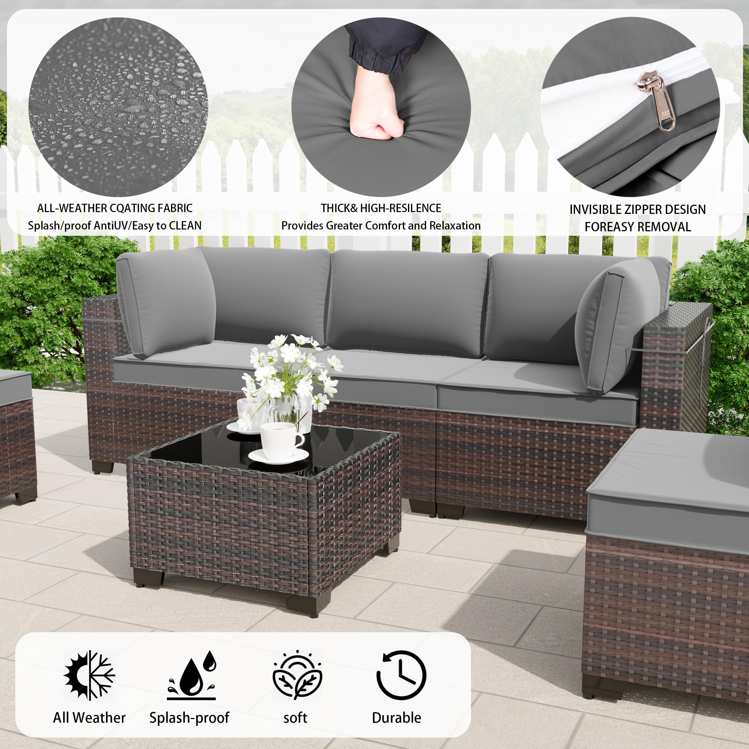 Gotland 10 Pieces Outdoor Patio Furniture Set, Outdoor Sectional Furniture with 43" 55000 BTU Gas Propane Fire Pit Table, All Weather PE Rattan Wicker Patio Conversation Set with 2 Ottomans