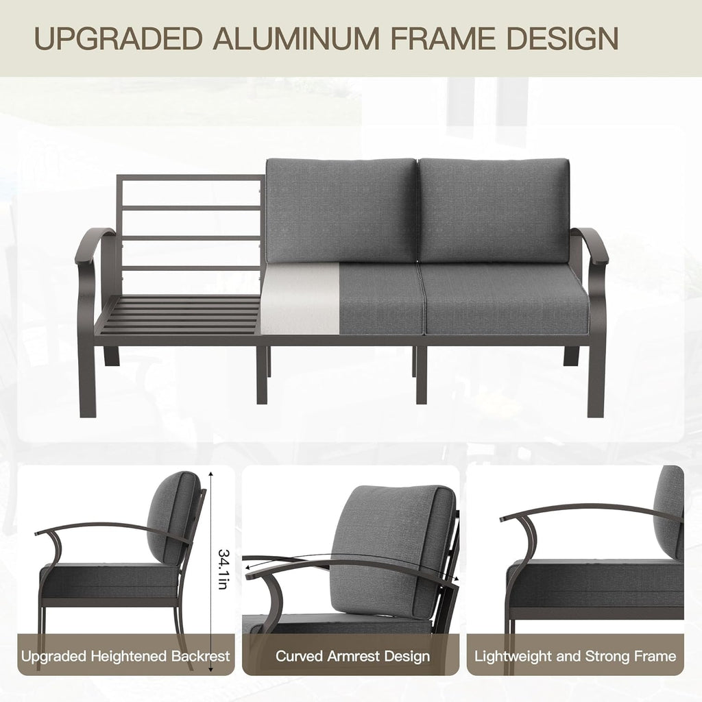 Kullavik Modern Aluminum 5-Seater Outdoor Patio Sofa Set with 5.1" Thick Cushions & Coffee Table - All-Weather Sectional for Backyard, Porch Furniture Set, Outdoor Patio Furniture