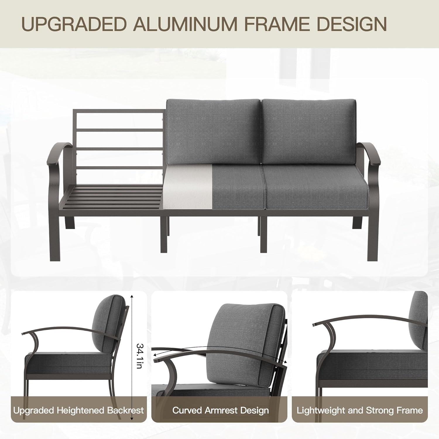 Kullavik Modern Aluminum 5-Seater Outdoor Patio Sofa Set with 5.1" Thick Cushions & Coffee Table - All-Weather Sectional for Backyard, Porch Furniture Set, Outdoor Patio Furniture
