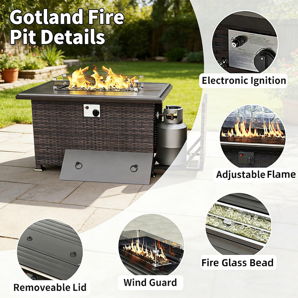 Gotland 13 Pieces Outdoor Patio Rattan Wicker Furniture Set with 43" Fire Pit Table Set Outdoor Steel