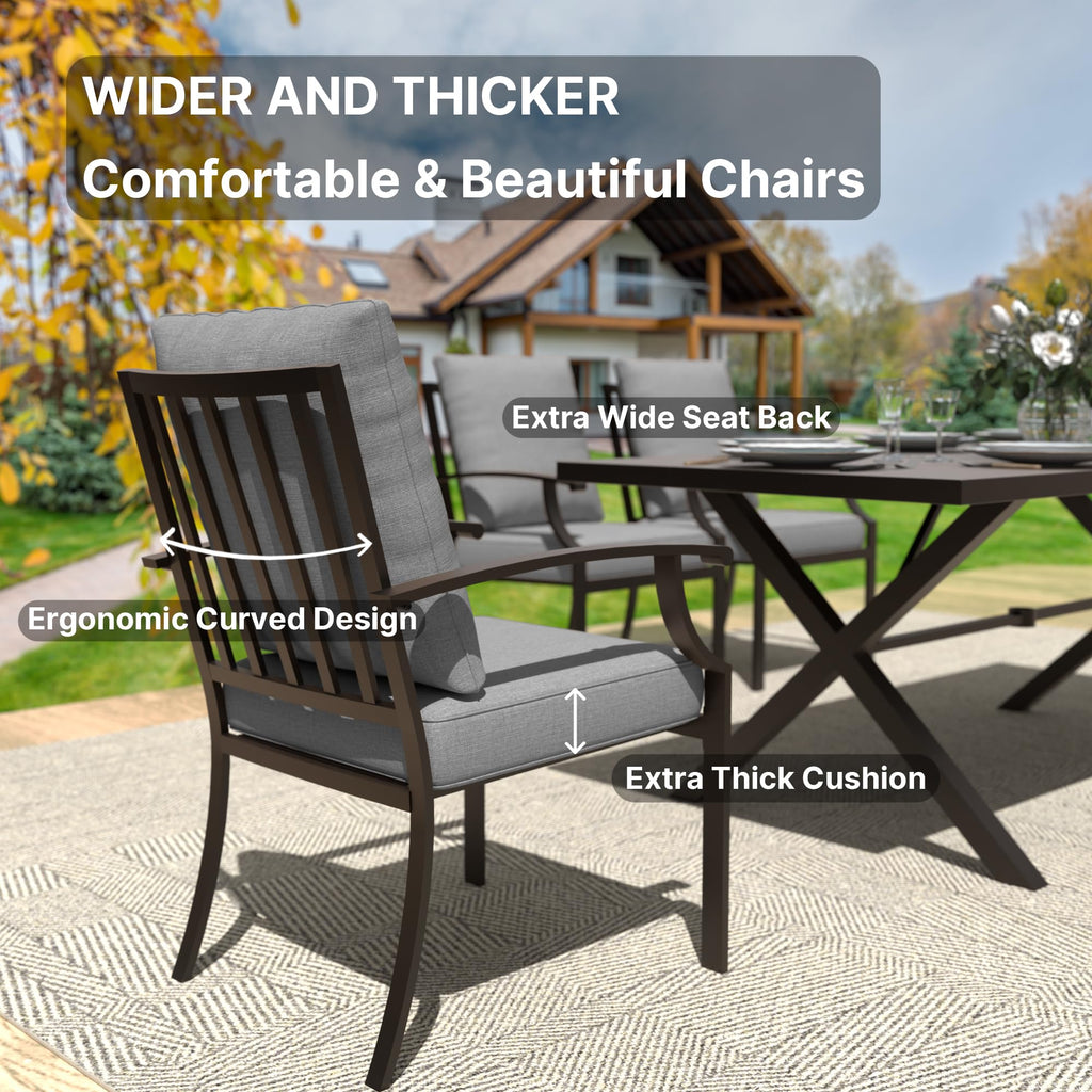 Gotland 14 Piece Outdoor Dining Set, Metal Outdoor Table and Chairs with X-Shaped Legs 1.5" Umbrella Hole, Patio Furniture Set with Waterproof Cushions,for Backyard Deck
