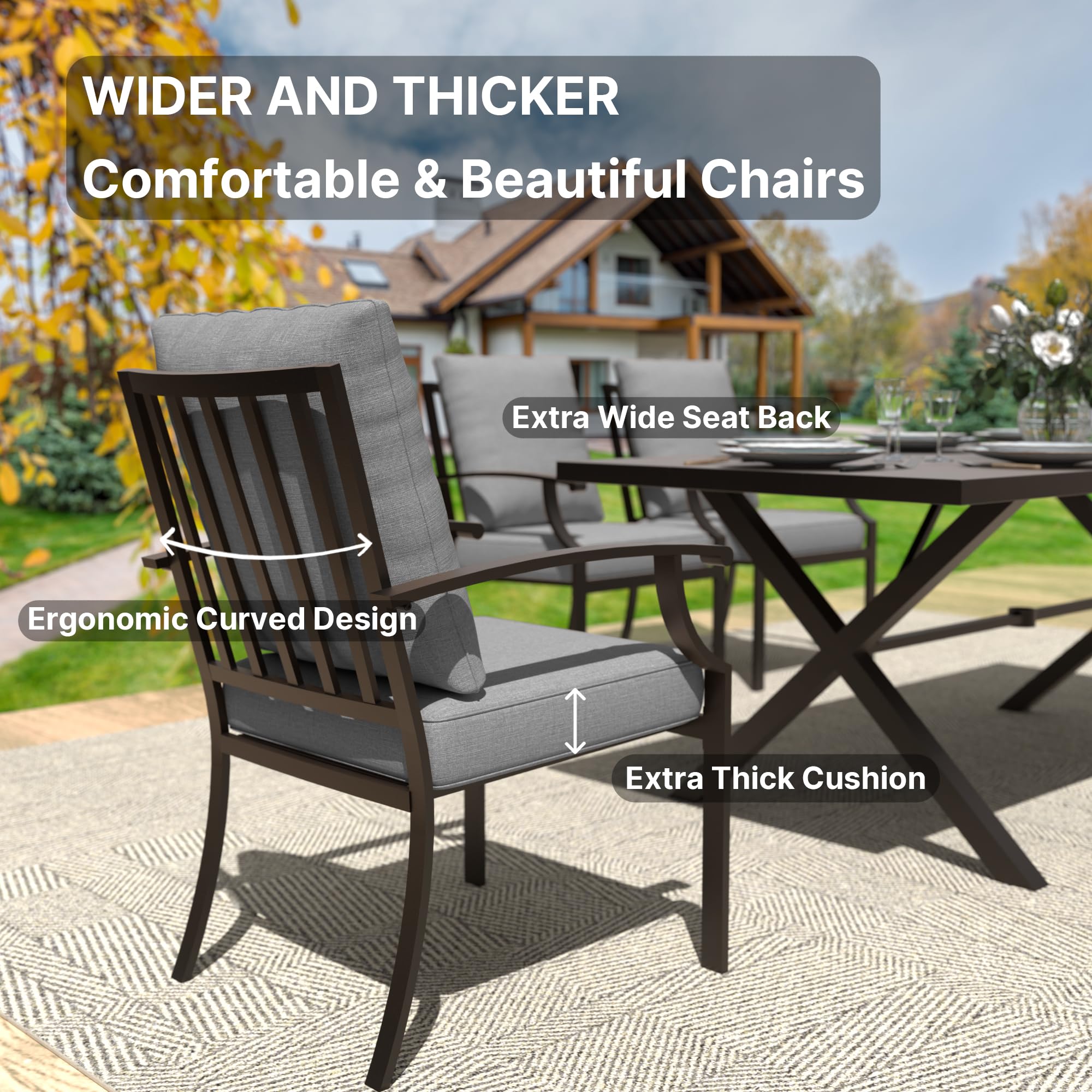 Gotland 14 Piece Outdoor Dining Set, Metal Outdoor Table and Chairs with X-Shaped Legs 1.5" Umbrella Hole, Patio Furniture Set with Waterproof Cushions,for Backyard Deck