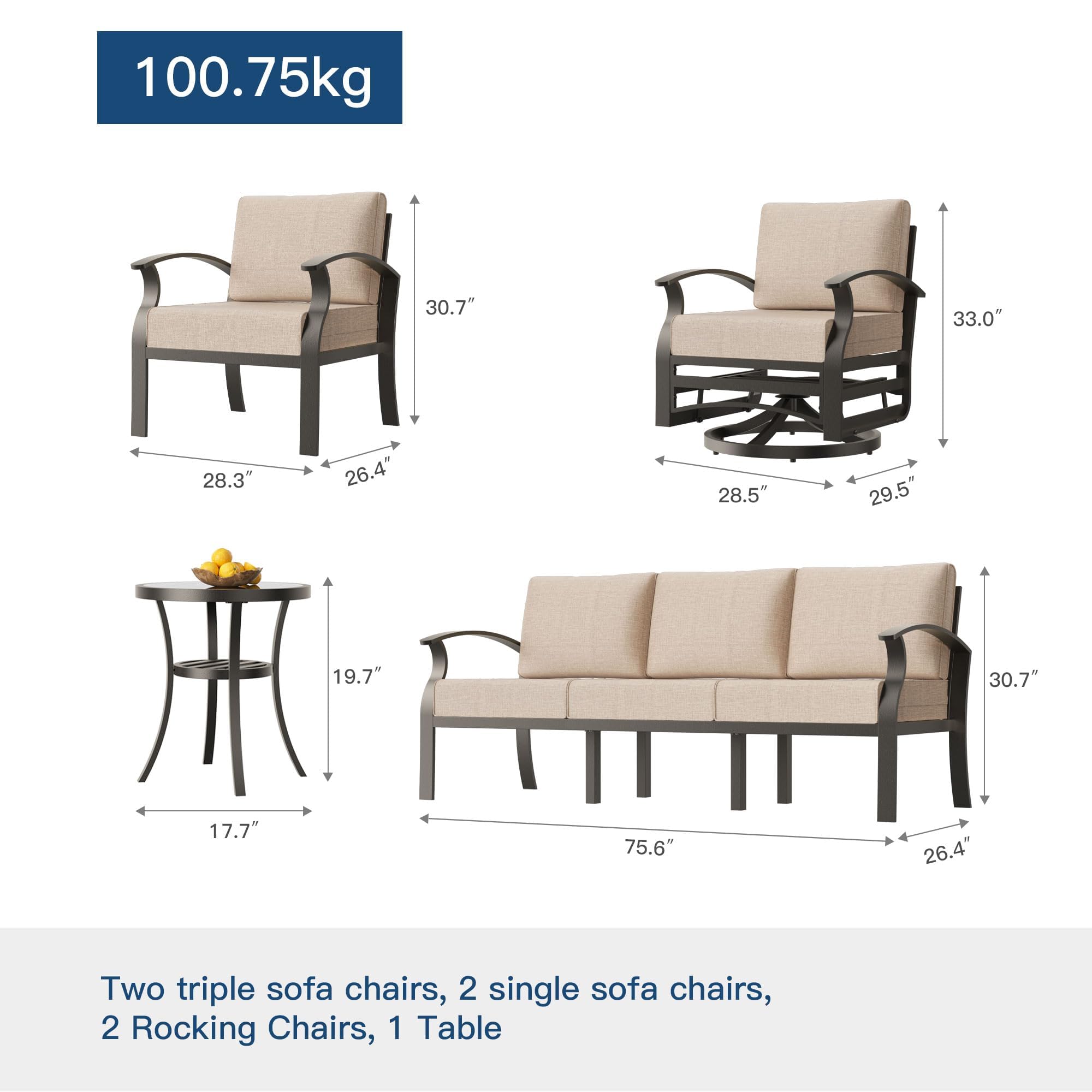 Gotland 10 PieceAluminum Patio Furniture Set,Modern Metal Outdoor Patio Furniture w/5.1'' Thick Cushion,Swivel Chairs and Round Coffee Table,Patio Conversation Sets for Porch,Deck