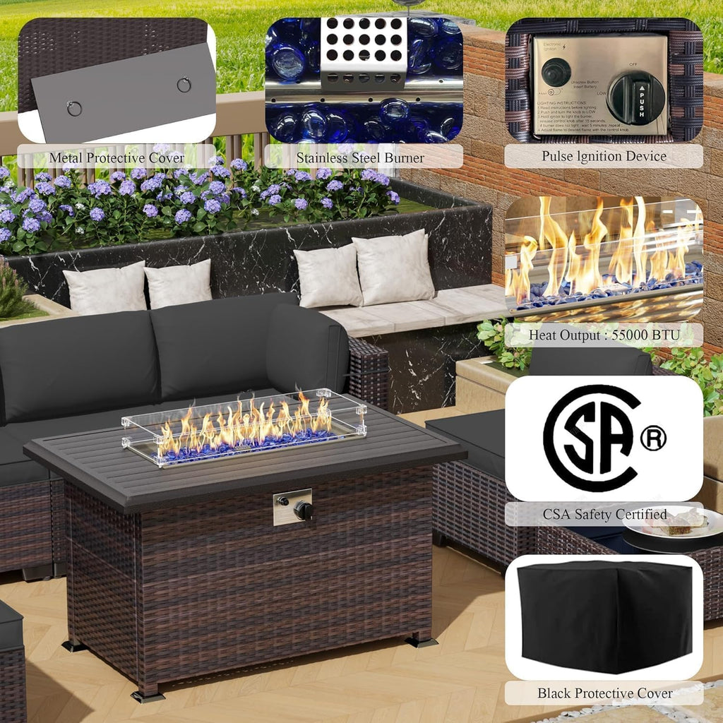 Gotland 10 Pieces Outdoor Patio Furniture Set, Outdoor Sectional Furniture with 43" 55000 BTU Gas Propane Fire Pit Table, All Weather PE Rattan Wicker Patio Conversation Set with 2 Ottomans