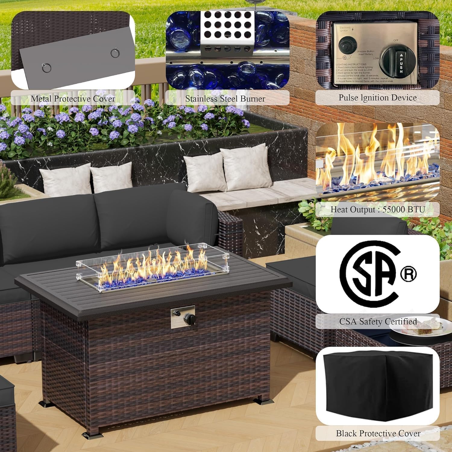 Gotland 10 Pieces Outdoor Patio Furniture Set, Outdoor Sectional Furniture with 43" 55000 BTU Gas Propane Fire Pit Table, All Weather PE Rattan Wicker Patio Conversation Set with 2 Ottomans