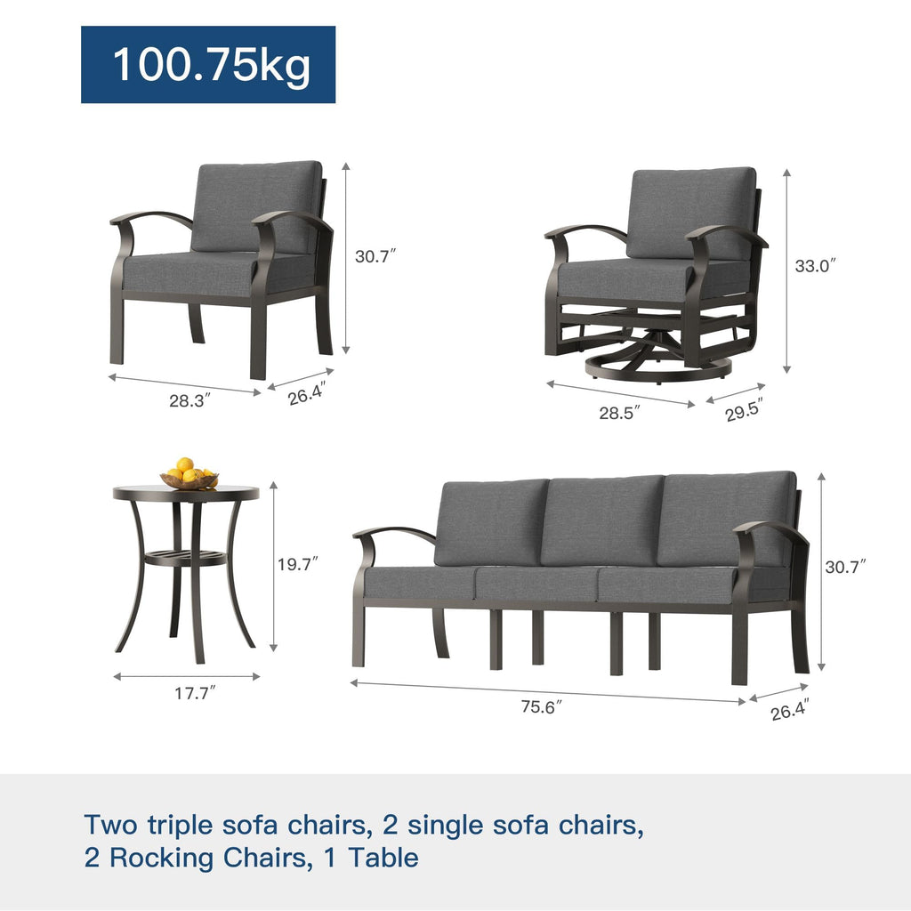 Gotland 10 PieceAluminum Patio Furniture Set,Modern Metal Outdoor Patio Furniture w/5.1'' Thick Cushion,Swivel Chairs and Rectangular Coffee Table,Patio Conversation Sets for Porch,Deck