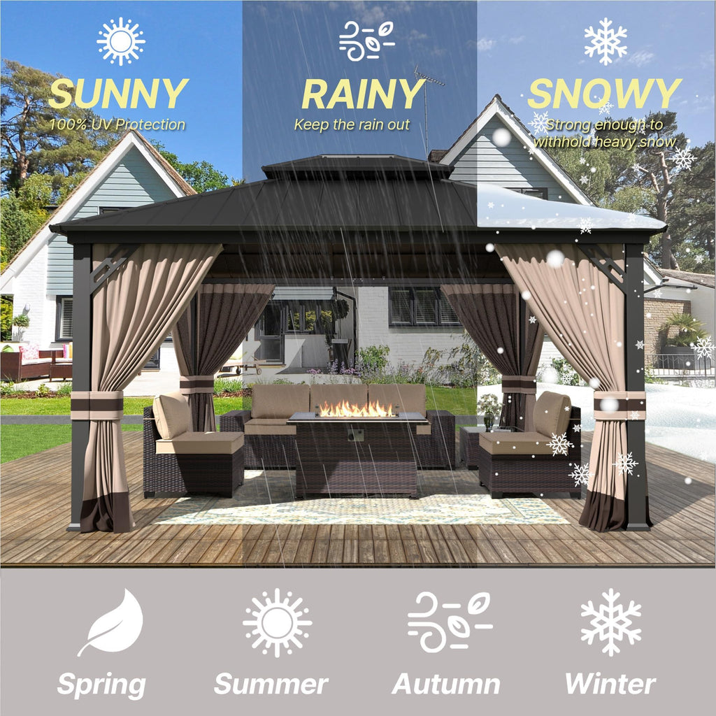 Gotland 12' x 20' Hardtop Gazebo, Outdoor Galvanized Steel Double-Roof Gazebo with Curtains and Netting for Patios, Gardens, and Lawns
