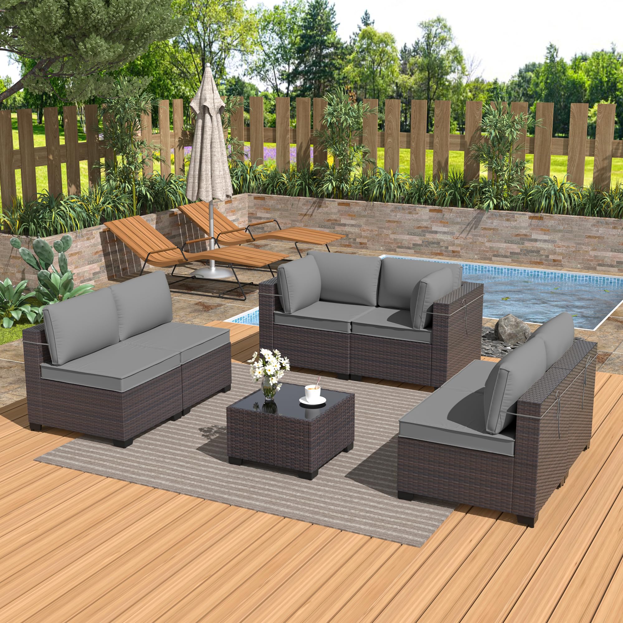 Gotland 8 Pieces Outdoor Patio Furniture Set with 43" Propane Fire Pit Table, PE Rattan Patio Conversation Set