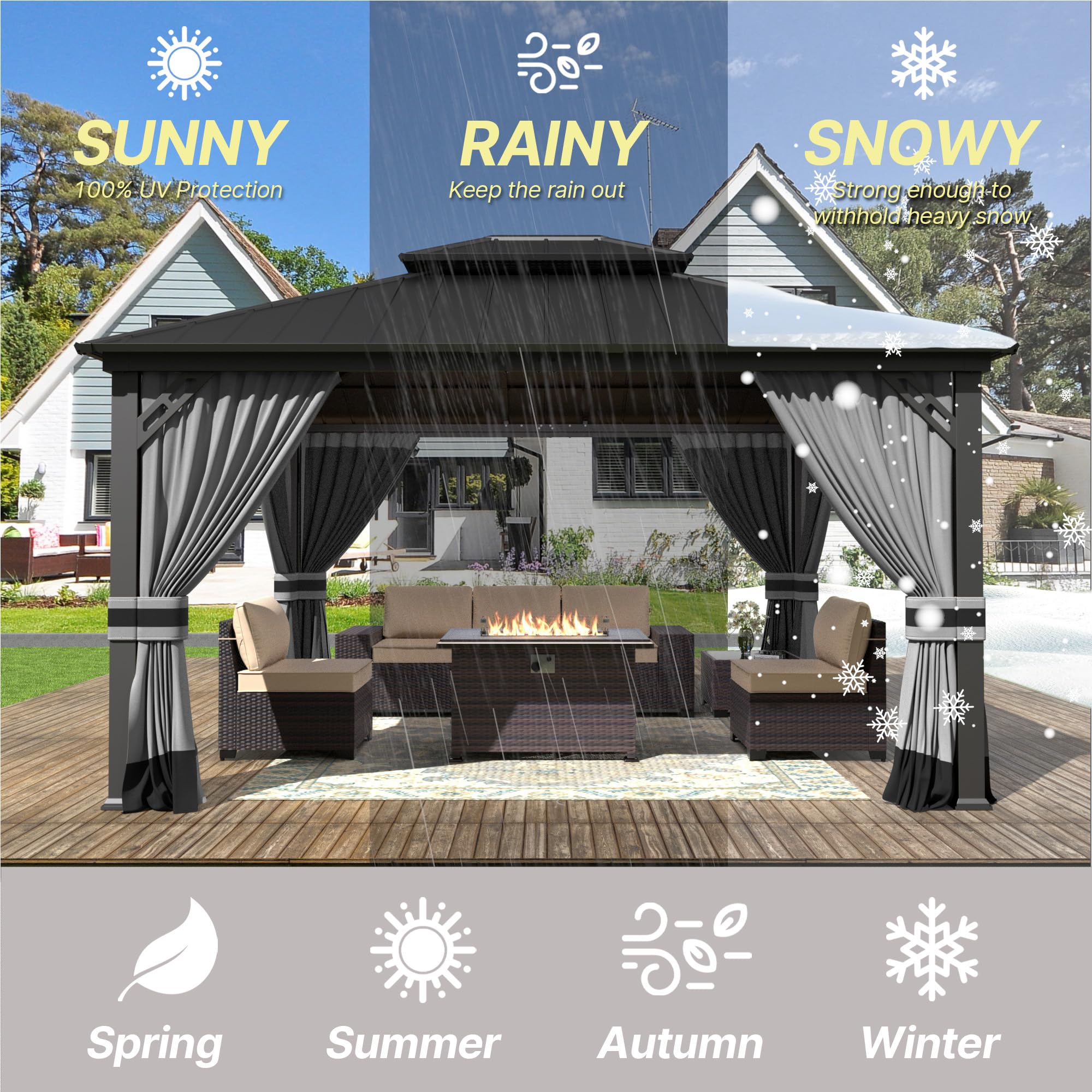 Gotland 12' x 20' Hardtop Gazebo, Outdoor Galvanized Steel Double-Roof Gazebo with Curtains and Netting for Patios, Gardens, and Lawns