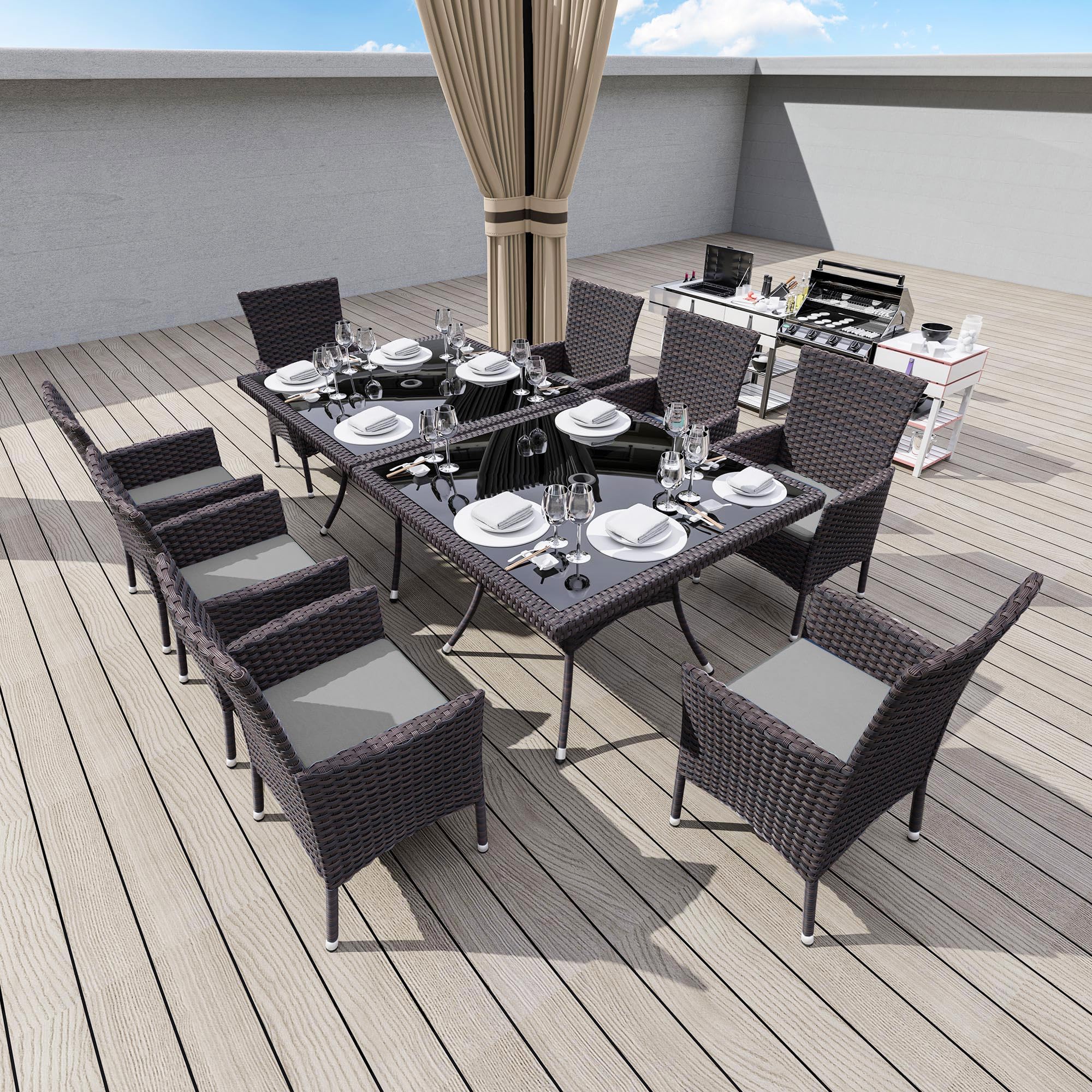Kullavik 5-Piece Patio Outdoor Dining Set, Wicker Patio Furniture Set of 4 Rattan Chairs with Soft Cushions and Square Table with Umbrella Cutout