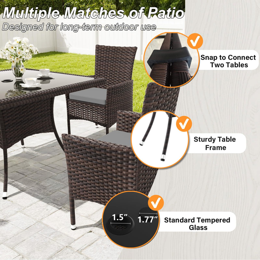 Gotland Outdoor Dining Table Set, Garden Patio Rattan Set with w/Tempered Glass Tabletop with Removable Cushions and Umbrella Cutout for Patio, Backyard