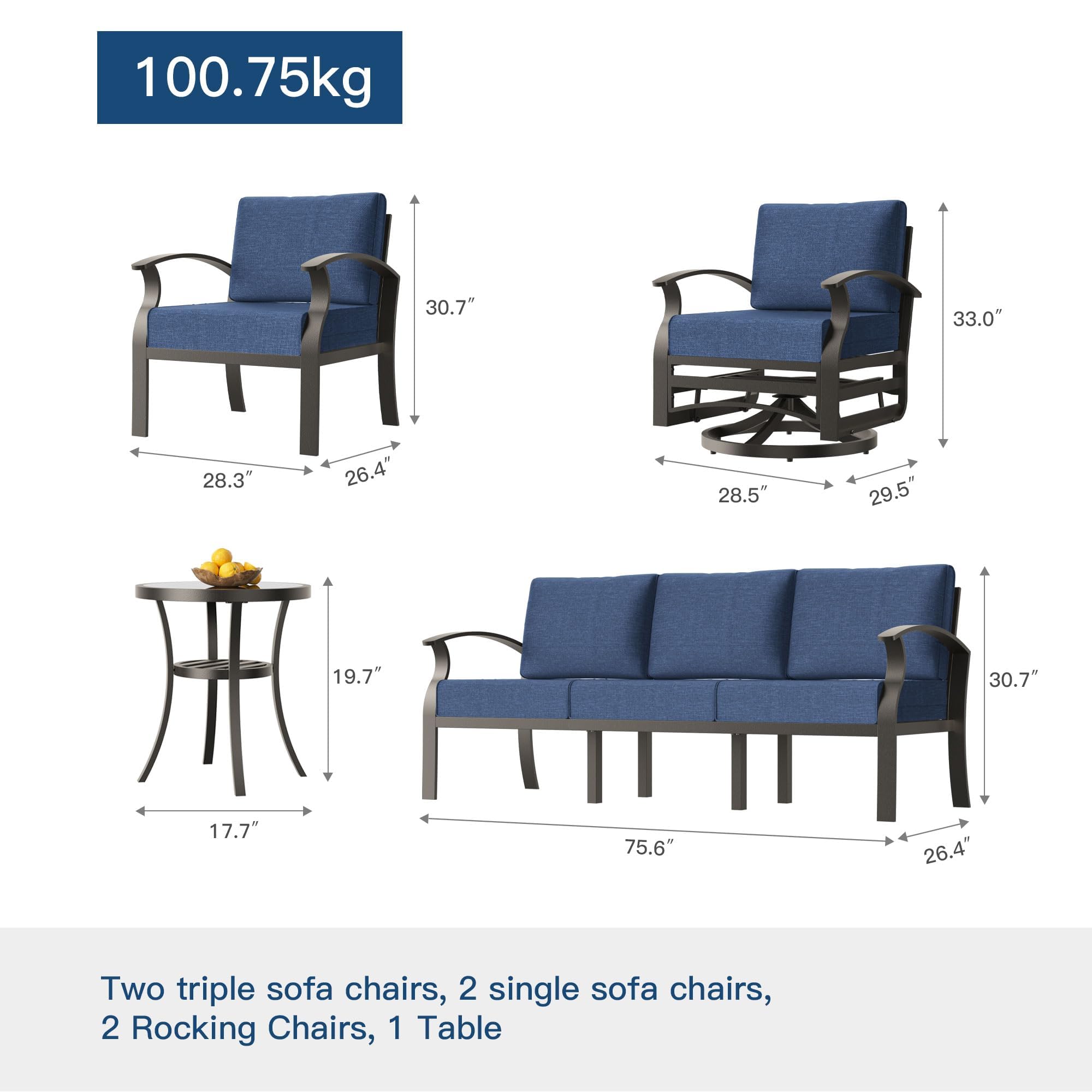 Gotland 10 PieceAluminum Patio Furniture Set,Modern Metal Outdoor Patio Furniture w/5.1'' Thick Cushion,Swivel Chairs and Round Coffee Table,Patio Conversation Sets for Porch,Deck