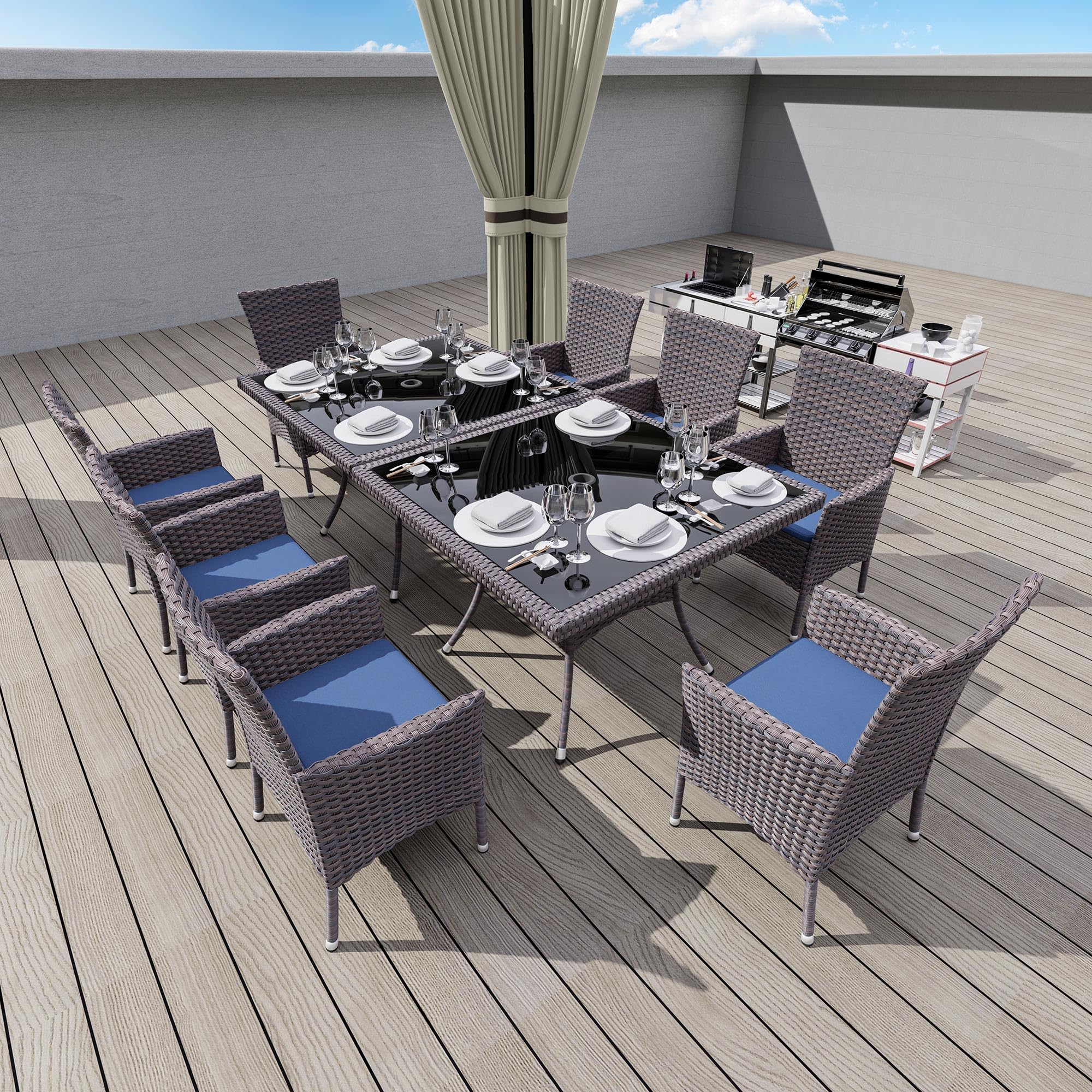 Kullavik 5-Piece Patio Outdoor Dining Set, Wicker Patio Furniture Set of 4 Rattan Chairs with Soft Cushions and Square Table with Umbrella Cutout