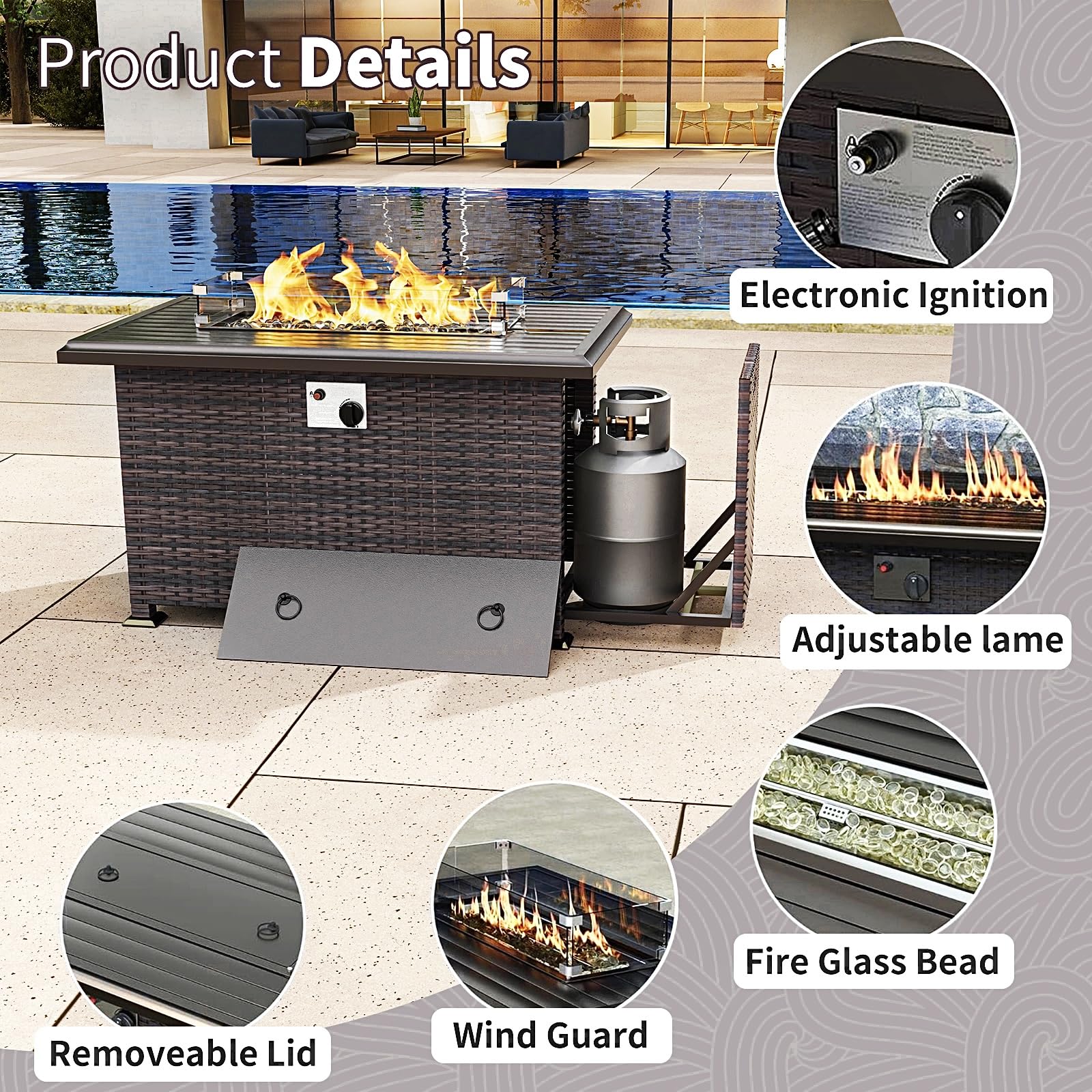 Gotland 15 Pieces Outdoor Patio Furniture Set with Propane Fire Pit Table Outdoor Sectional Sofa