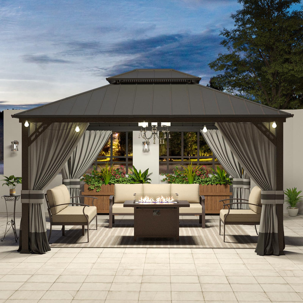 Gotland 12' x 14' Hardtop Gazebo, Outdoor Galvanized Steel Double-Roof Gazebo with Curtains and Netting for Patios, Gardens, and Lawns