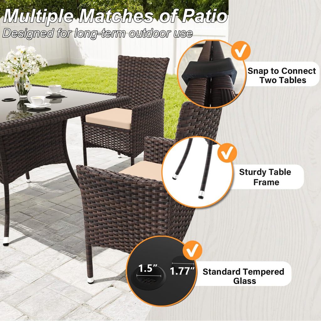 Gotland Outdoor Dining Table Set, Garden Patio Rattan Set with w/Tempered Glass Tabletop with Removable Cushions and Umbrella Cutout for Patio, Backyard