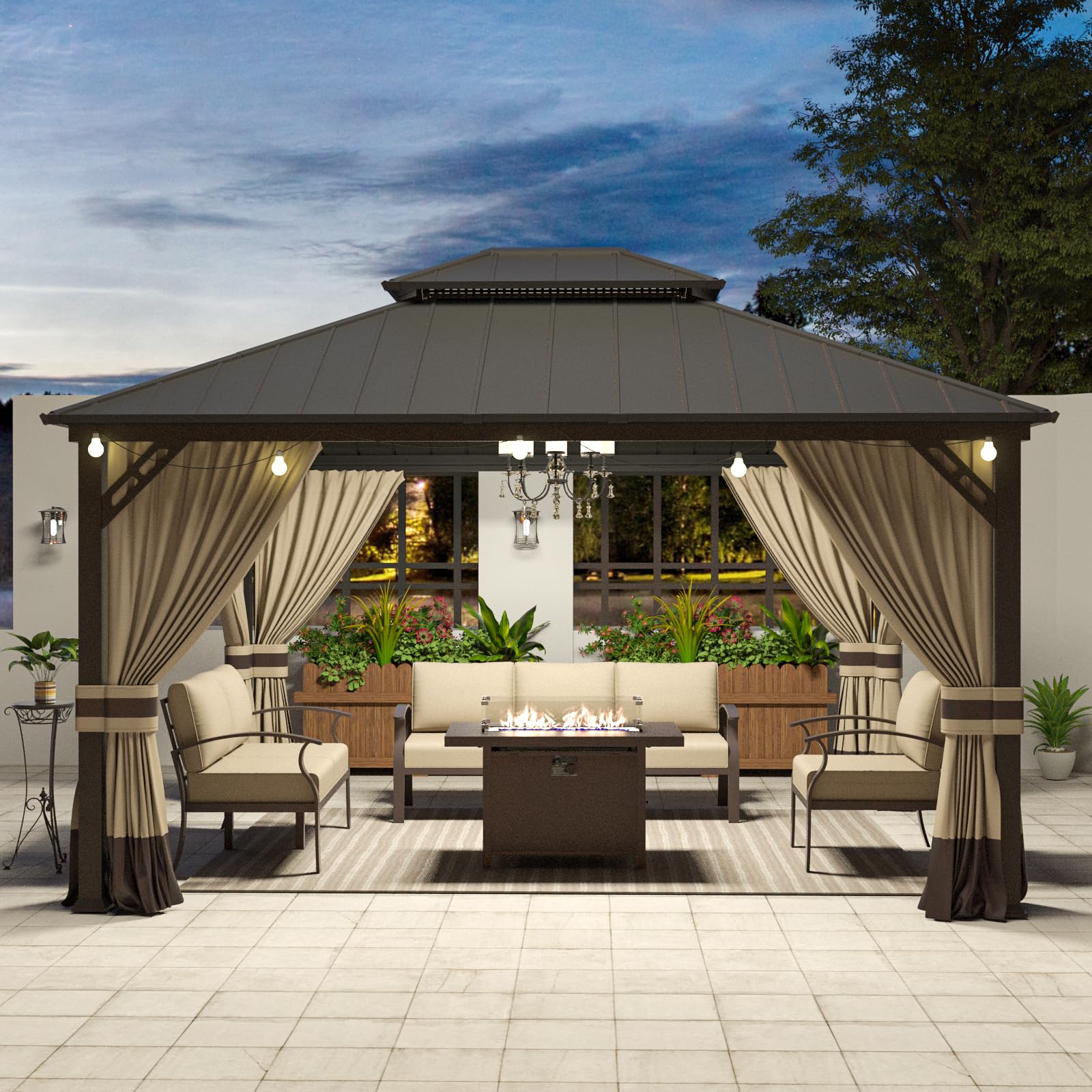 ASJMR Wall Mounted Gazebo with Polycarbonate Roof,Metal Frame Lean to Gazebo With Double Curtains for Garden Lawn Backyard Deck