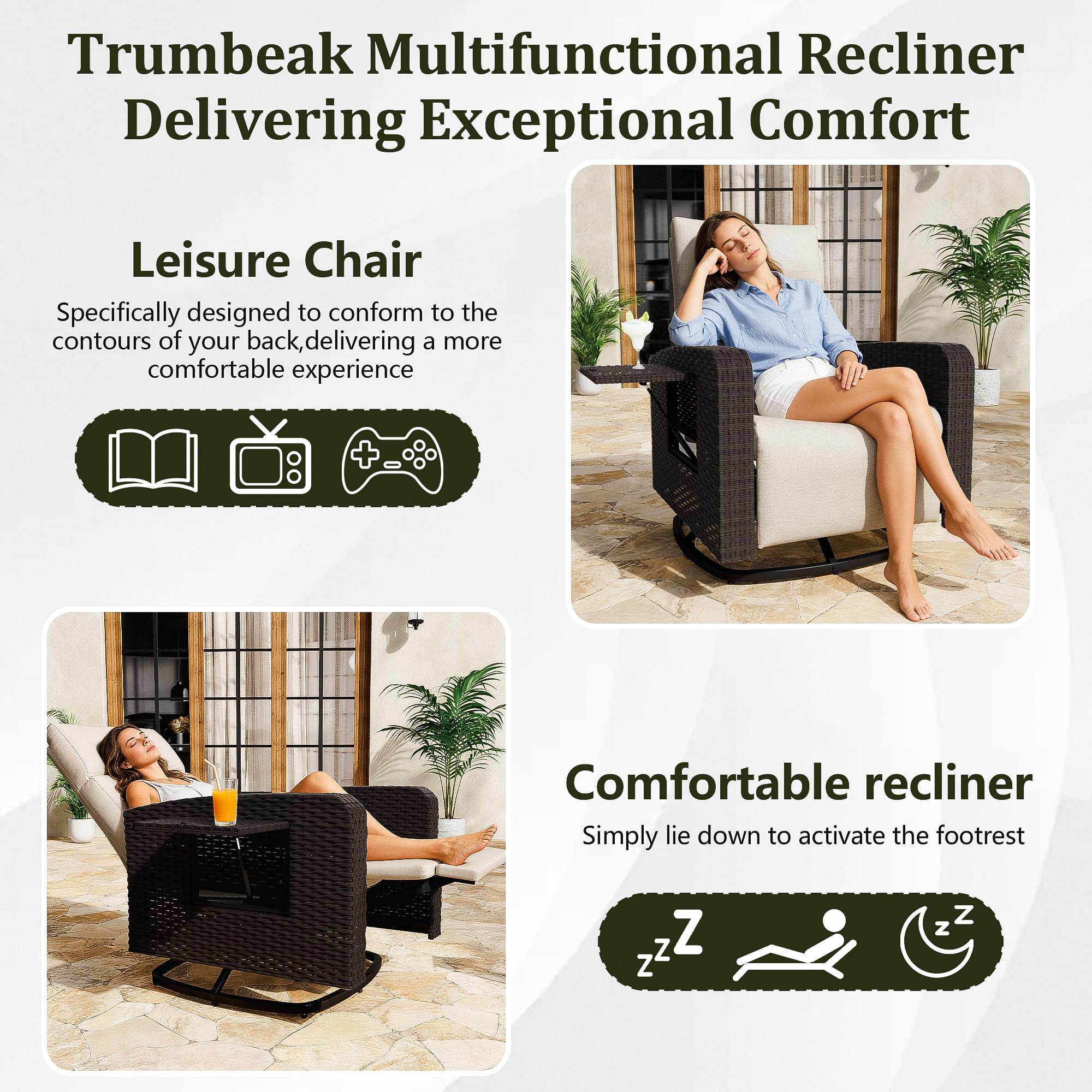 ALAULM Outdoor Swivel Recliner Chair,Dual-Adjust Outdoor Patio Chairs with Adjustable Backrest and Footrest,Wicker Patio Chair with Flip-Up Table for Living Rooms,Pools,Balconies, patios,courtyards