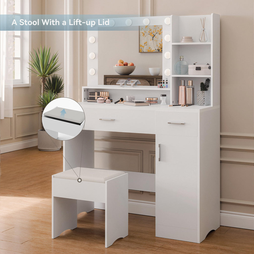 ALAULM 39.4" Vanity Mirror with Lights,Modern Lighted Vanity Table with 3 Drawers & 3 Storage Shelves,with White Vanity Chair,Three Adjustable Lighting Modes,Bedroom Vanity Desk,White