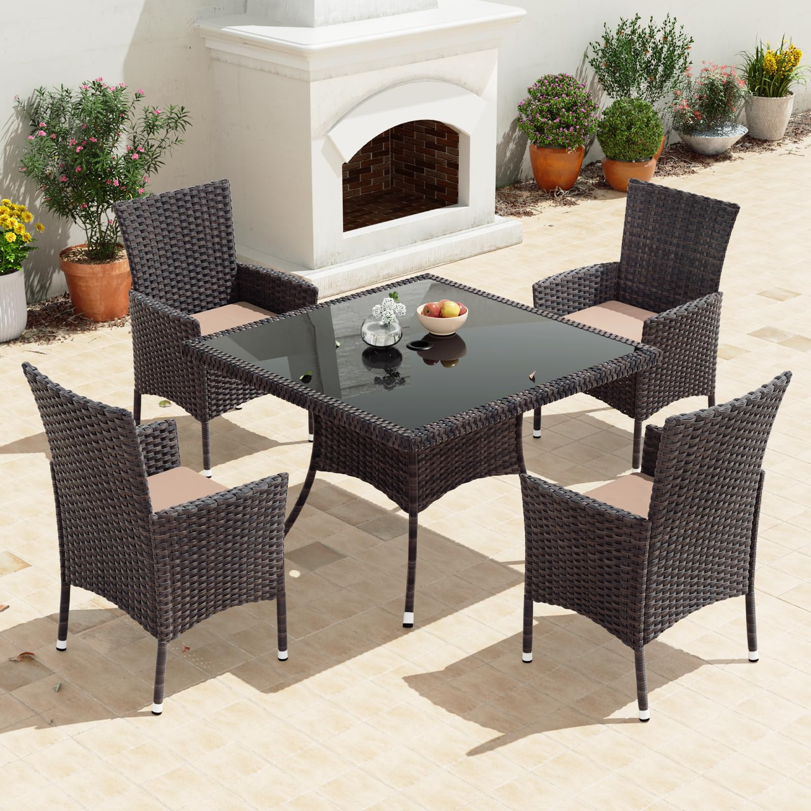 Gotland Outdoor Dining Table Set, Garden Patio Rattan Set with w/Tempered Glass Tabletop with Removable Cushions and Umbrella Cutout for Patio, Backyard