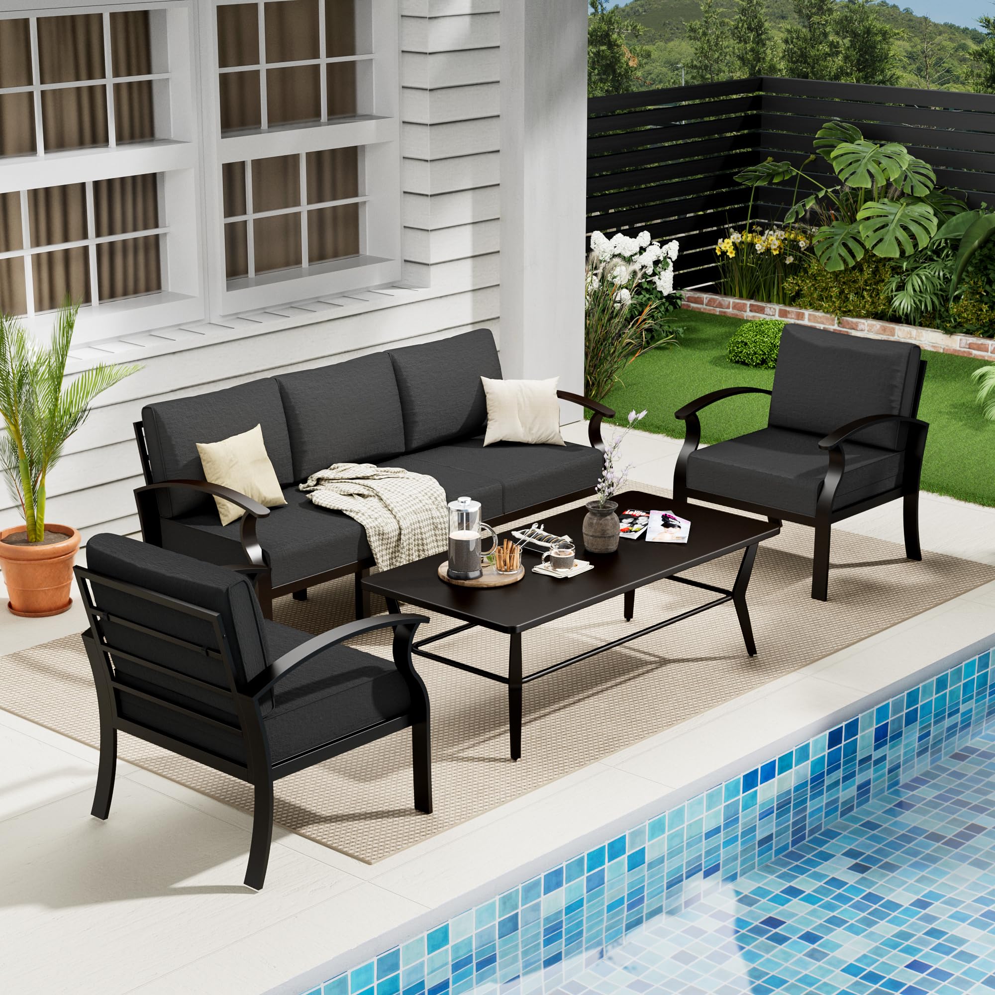 Kullavik Modern Aluminum 5-Seater Outdoor Patio Sofa Set with 5.1" Thick Cushions & Coffee Table - All-Weather Sectional for Backyard, Porch Furniture Set, Outdoor Patio Furniture
