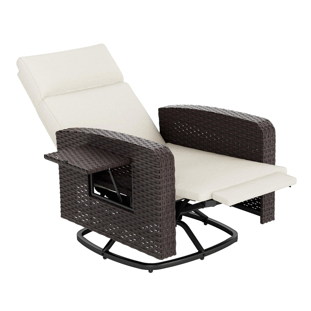 ALAULM Outdoor Swivel Recliner Chair,Dual-Adjust Outdoor Patio Chairs with Adjustable Backrest and Footrest,Wicker Patio Chair with Flip-Up Table for Living Rooms,Pools,Balconies, patios,courtyards