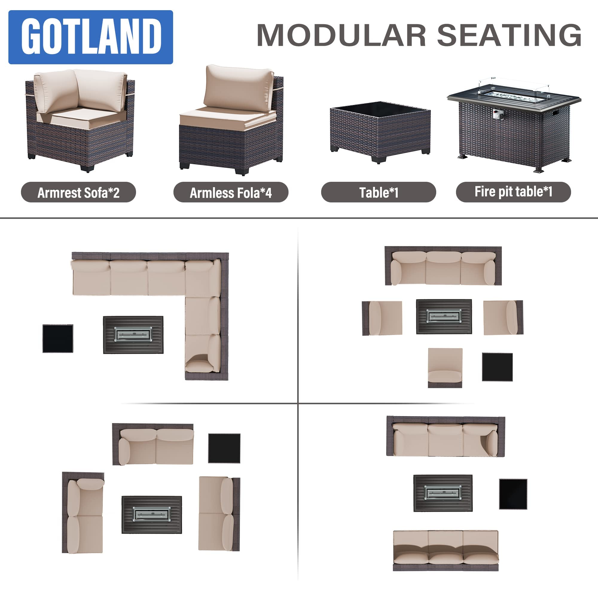 Gotland 8 Pieces Outdoor Patio Furniture Set with 43" Propane Fire Pit Table, PE Rattan Patio Conversation Set