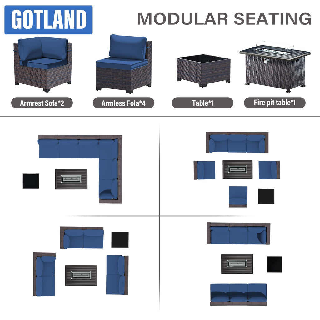 Gotland 8 Pieces Outdoor Patio Furniture Set with 43" Propane Fire Pit Table, PE Rattan Patio Conversation Set