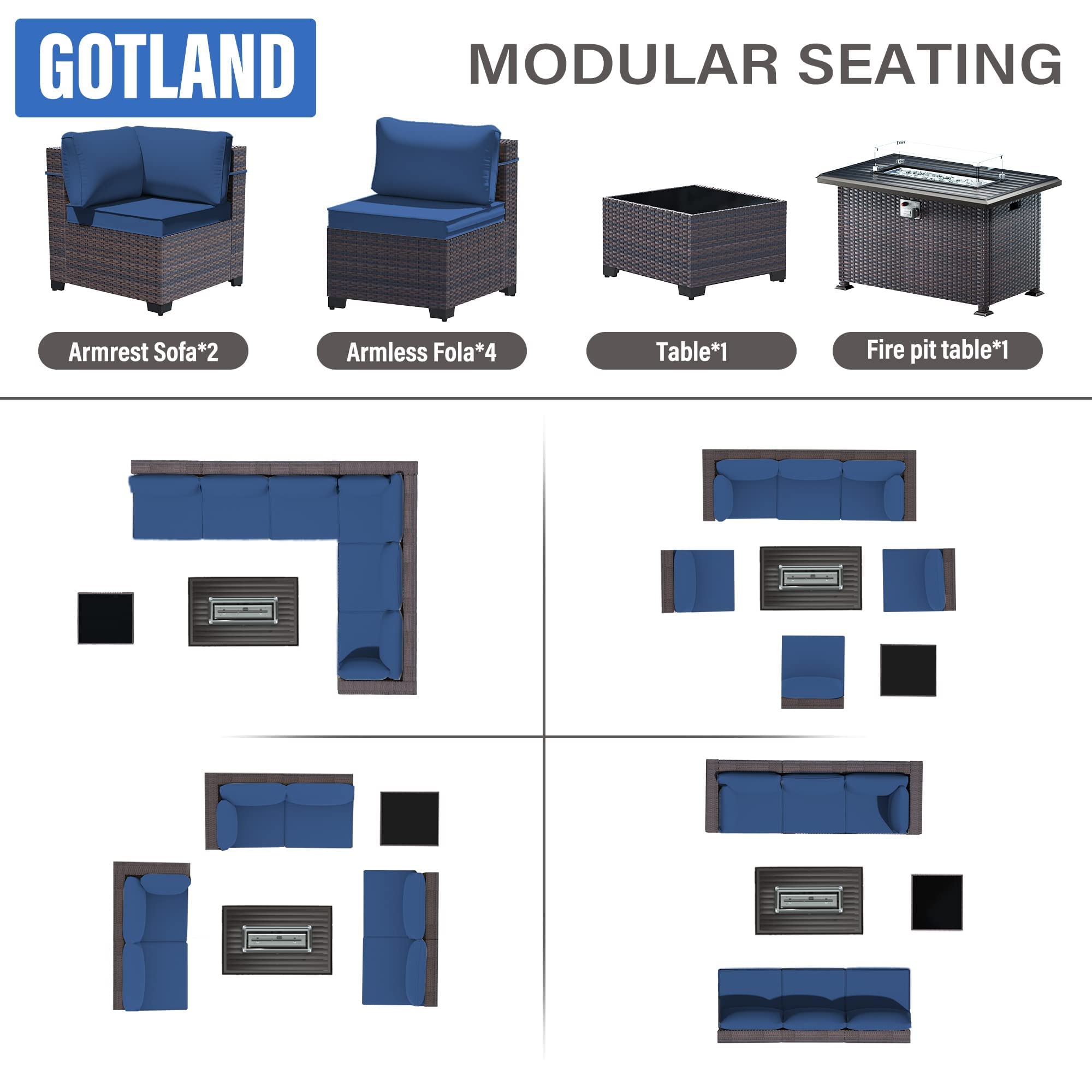 Gotland 8 Pieces Outdoor Patio Furniture Set with 43" Propane Fire Pit Table, PE Rattan Patio Conversation Set