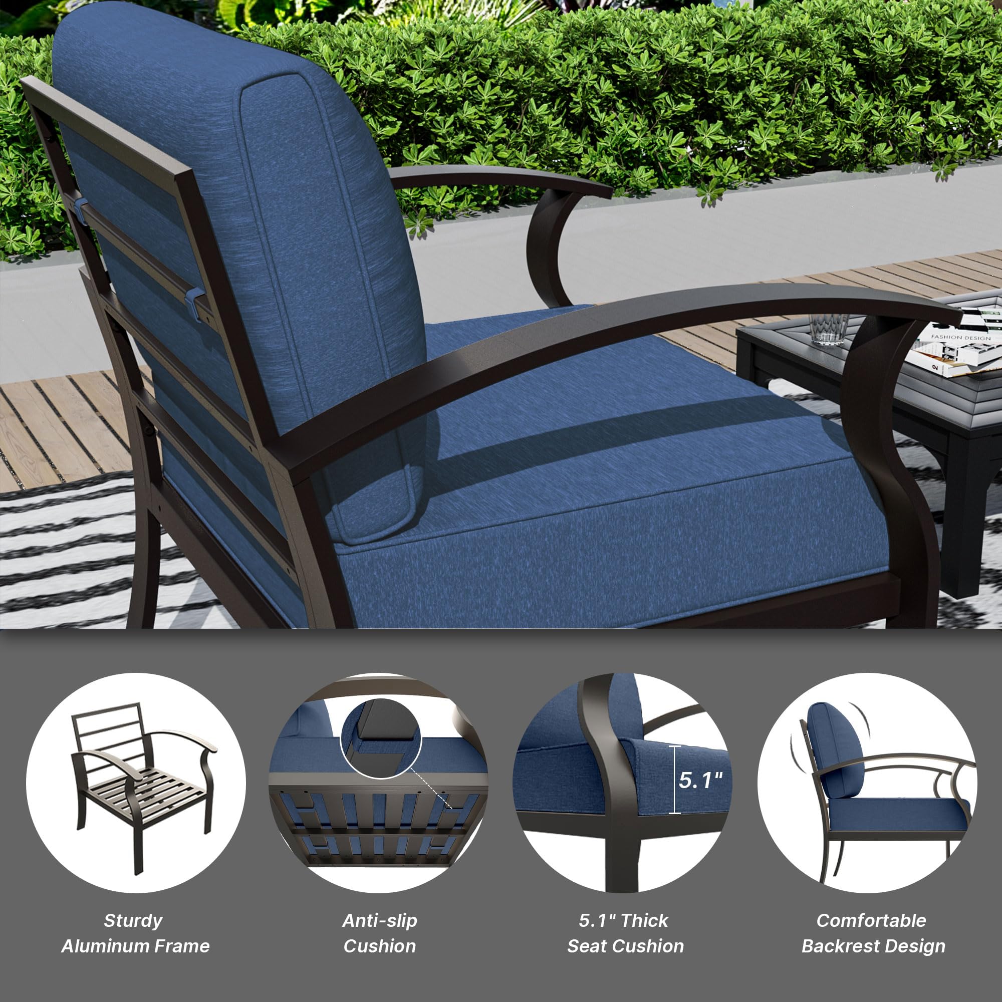Gotland 8 Seats Outdoor Metal Patio Furniture Set with 2 Swivel Rocking Chairs&55,000 BTU Gas Fire Pit Table w/Glass Wind Guard Patio Conversation Sectional Sofa Sets