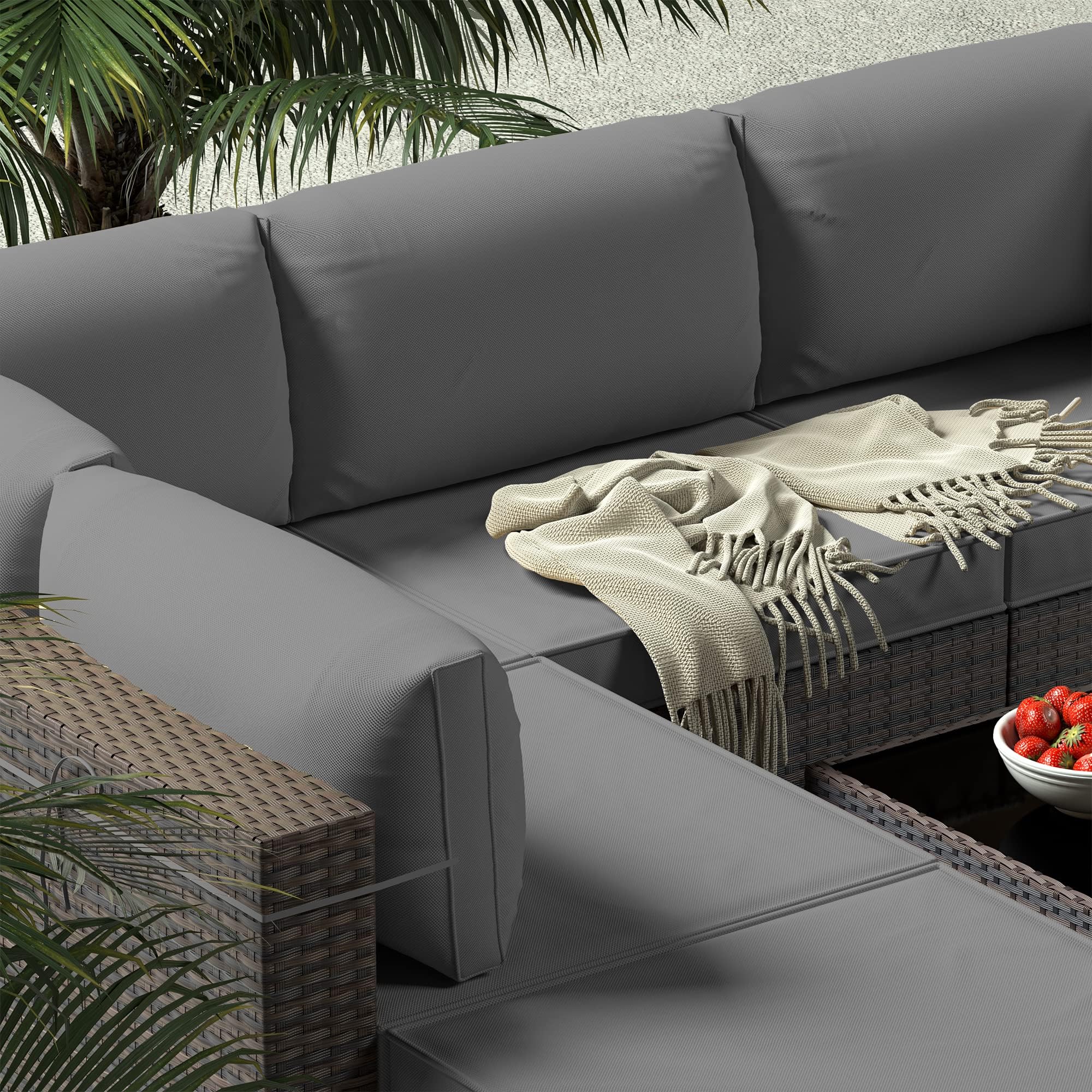 Gotland 7 Piece Outdoor Patio Furniture Sets, Outdoor Furniture Patio Sectional Sofa, All Weather Woven Wicker Patio Sofa Brown PE Rattan Patio Conversation Set
