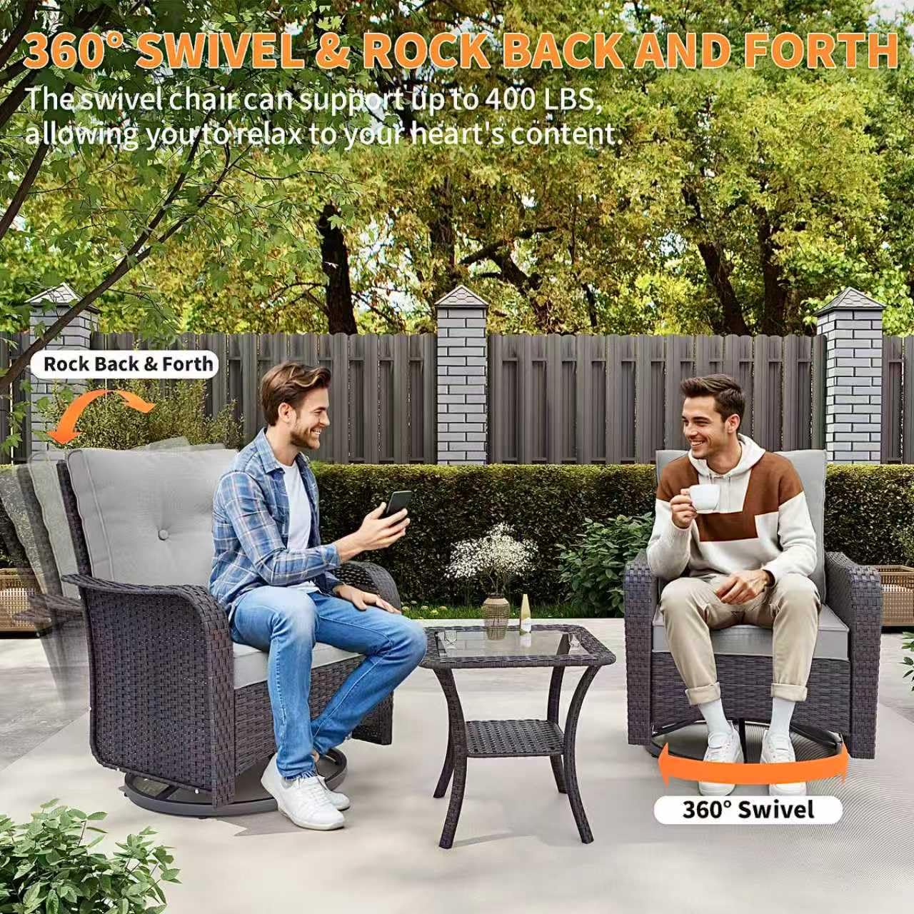 Gotland 13PCS Outdoor PE Rattan Wicker Patio Furniture Set with 43" Fire Pit Table & Swivel Rocking Chairs Set