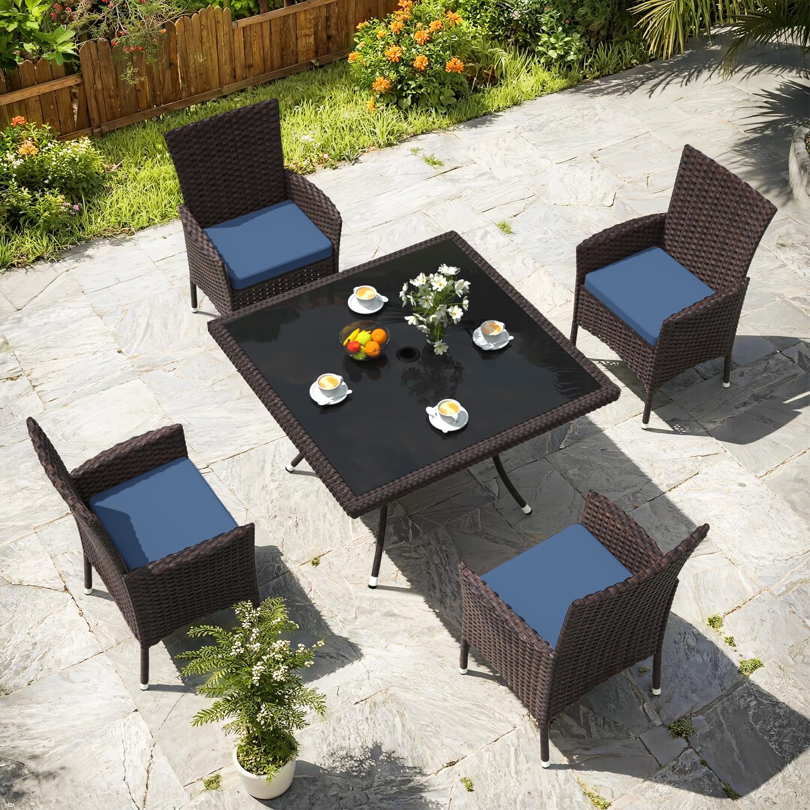Gotland Outdoor Dining Table Set, Garden Patio Rattan Set with w/Tempered Glass Tabletop with Removable Cushions and Umbrella Cutout for Patio, Backyard