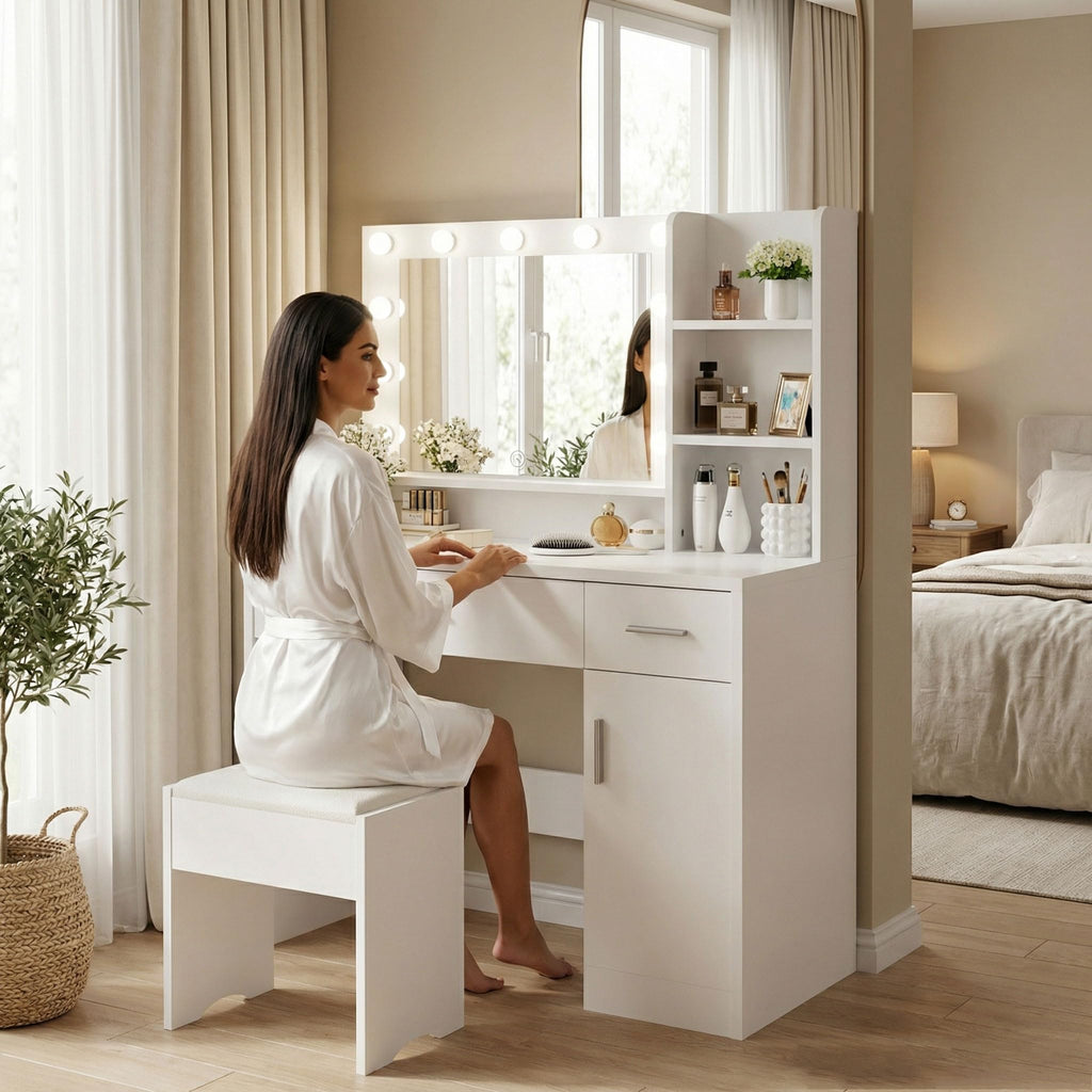 ALAULM 39.4" Vanity Mirror with Lights,Modern Lighted Vanity Table with 3 Drawers & 3 Storage Shelves,with White Vanity Chair,Three Adjustable Lighting Modes,Bedroom Vanity Desk,White