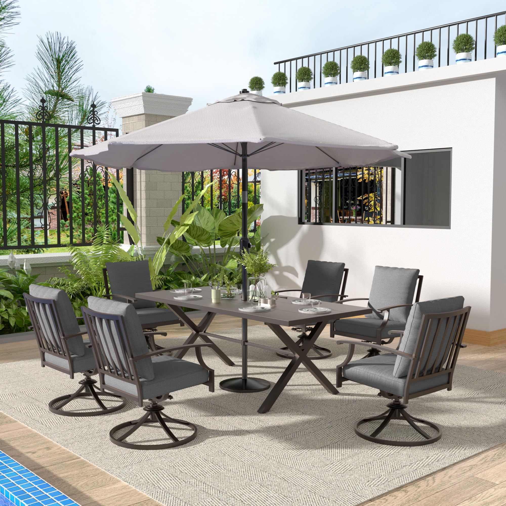 Gotland 7 Piece Outdoor Dining Set, Meta Swivel Chairs and Outdoor Table with X-Shaped Leg 1.5" Umbrella Hole, Patio Furniture Set for Backyard Deck