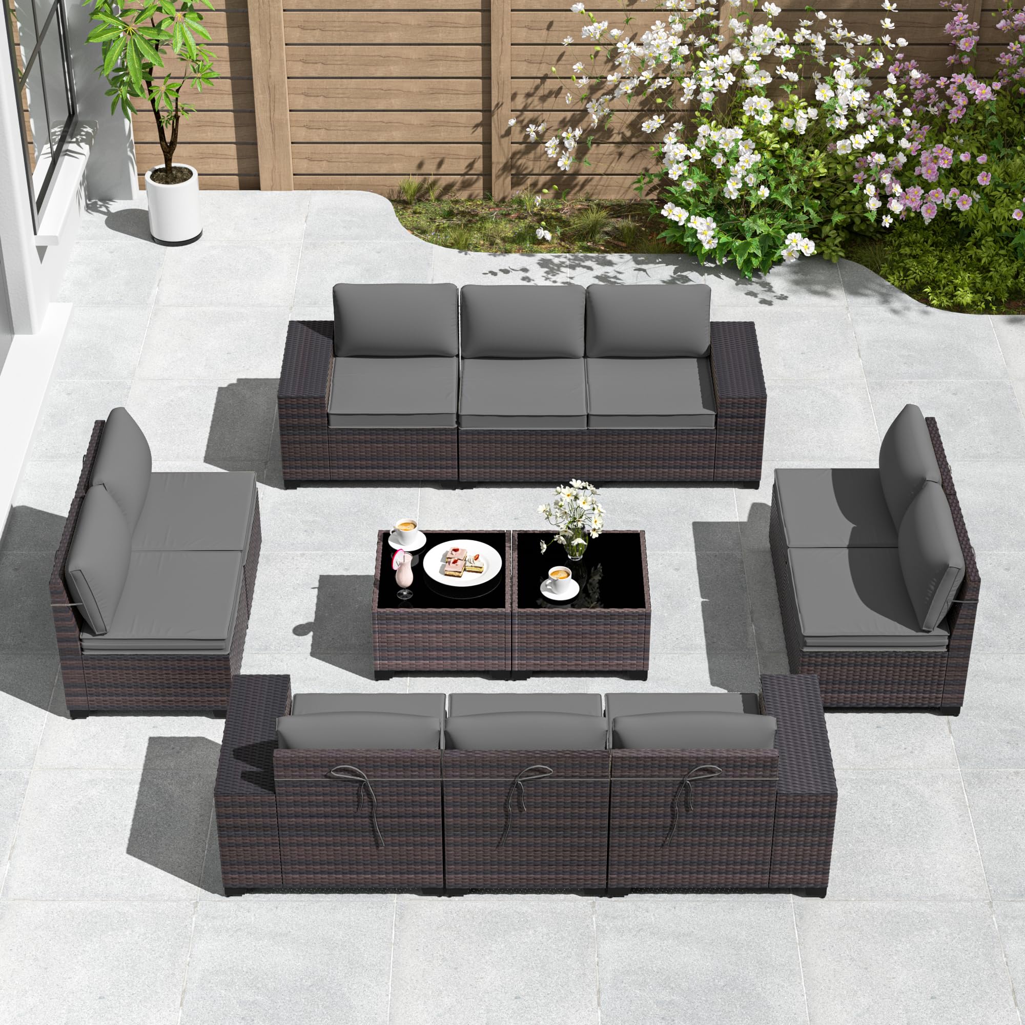Gotland Outdoor Patio Furniture Sectional Conversation Set 12Pcs Rattan Wicker 10 Cushion Table